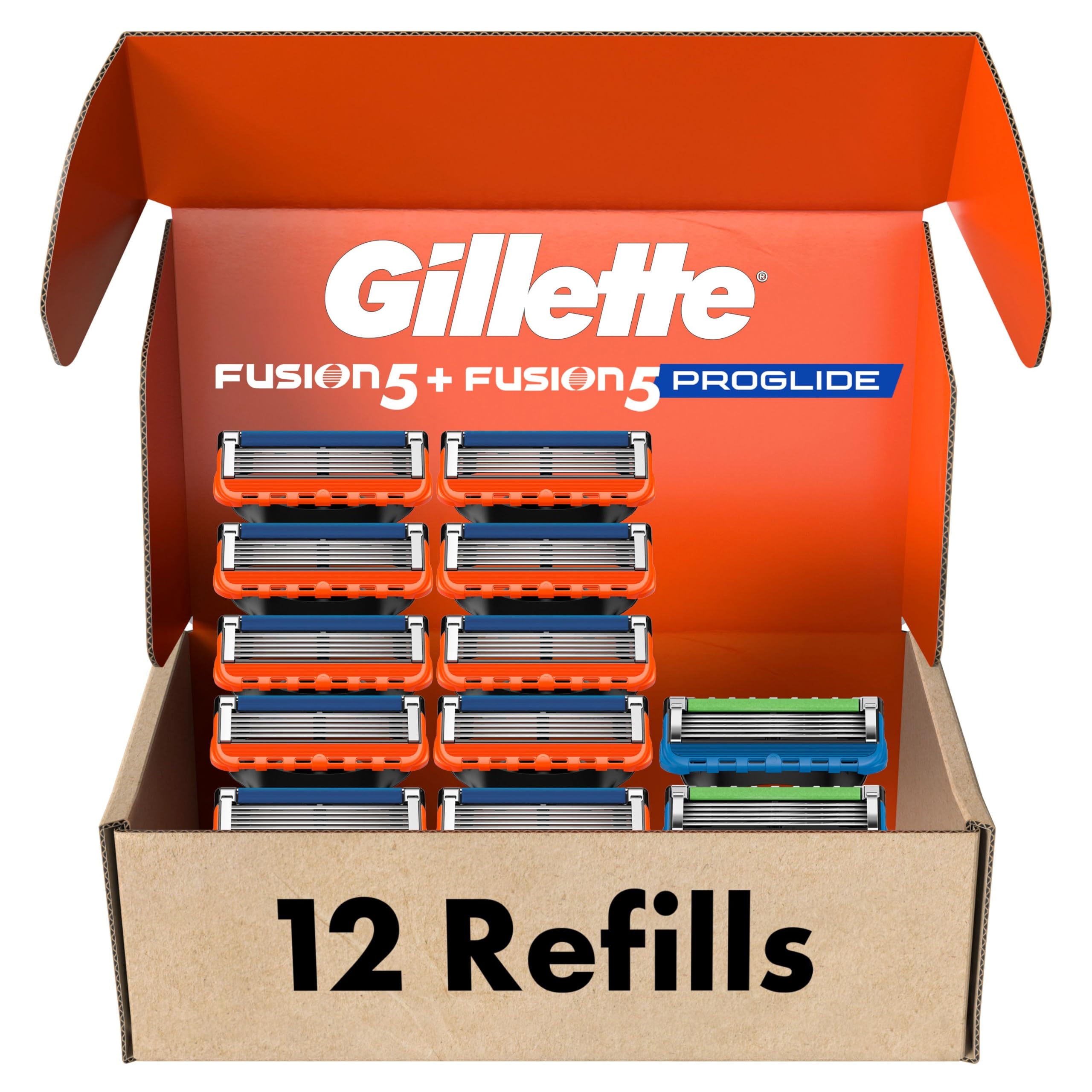 Gillette Mens Razor Blade Refills, 10 Fusion5 Cartridges, 2 ProGlide Cartridges, Lubrastrip for a More Comfortable Shave