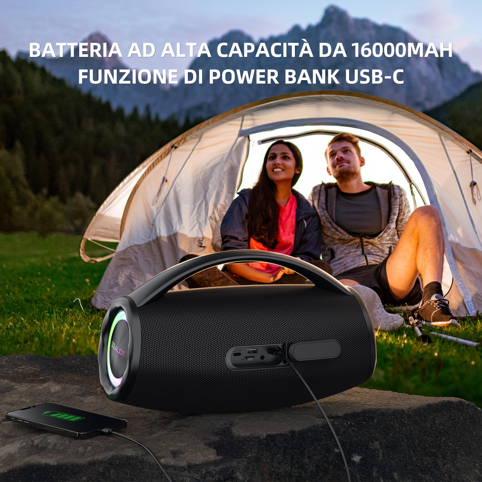 ZEALOT Cassa Bluetooth,80W Altoparlante Bluetooth con Bassi di Aumento,Impermeabile IPX6,Luce LED,Bluetooth 5.2,Cassa Bluetooth per Campeggio,Spiaggia,Regal