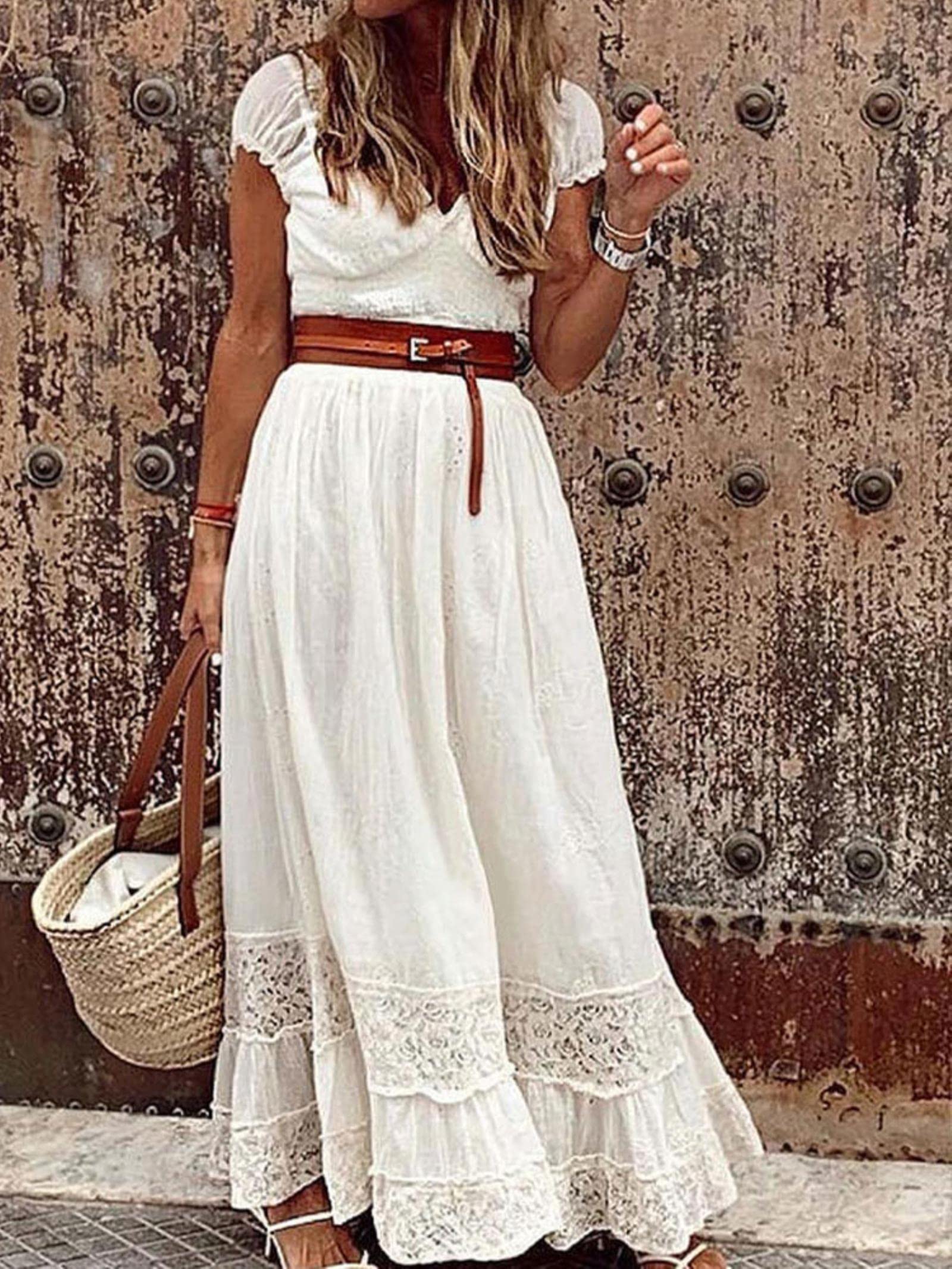 Summer Long Dress Women Clothing Fashion V-Neck Vintage Party Dress Elegant  White Lace Maxi Dresses Casual Beach Maxi Dress-Black-With Belt,L : ...