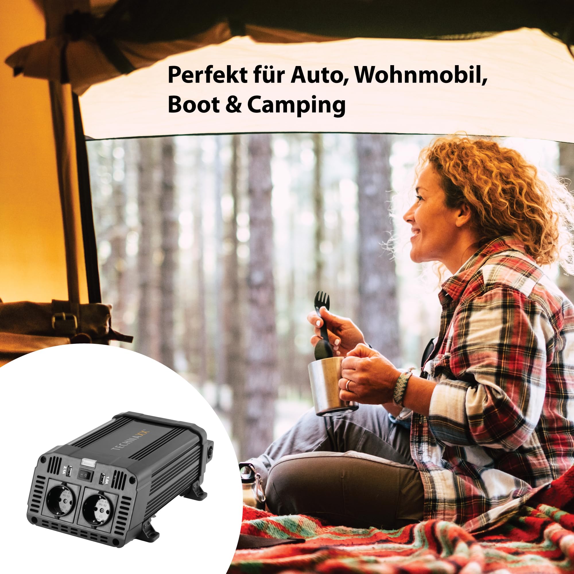 Technaxx KFZ Wechselrichter 12V auf 230V 1200W (2400W Spitze) – TÜV zertifizierter Spannungswandler mit 2x Schuko-Steckdose & 2x USB 5V/3,1A – Inverter für Auto, Wohnmobil, Camping, Boot, LKW – TE16