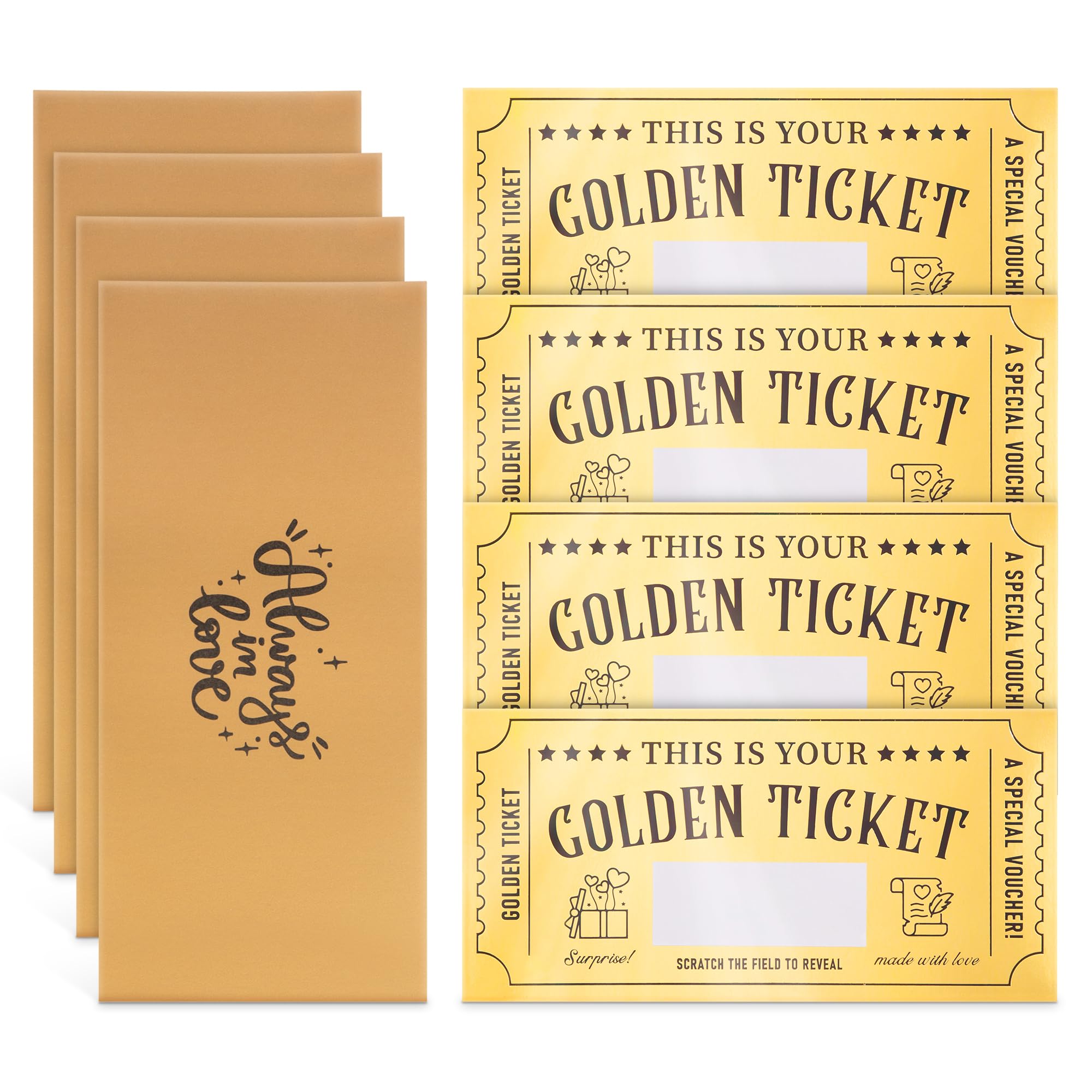 emmoolife 4 Pieces Golden Ticket Surprise Scratch Off Cards with Envelopes, Write Your Own Gift Reveal Card for Girlfriends Wife Kids Women Men Birthday Valentine's Day Christmas