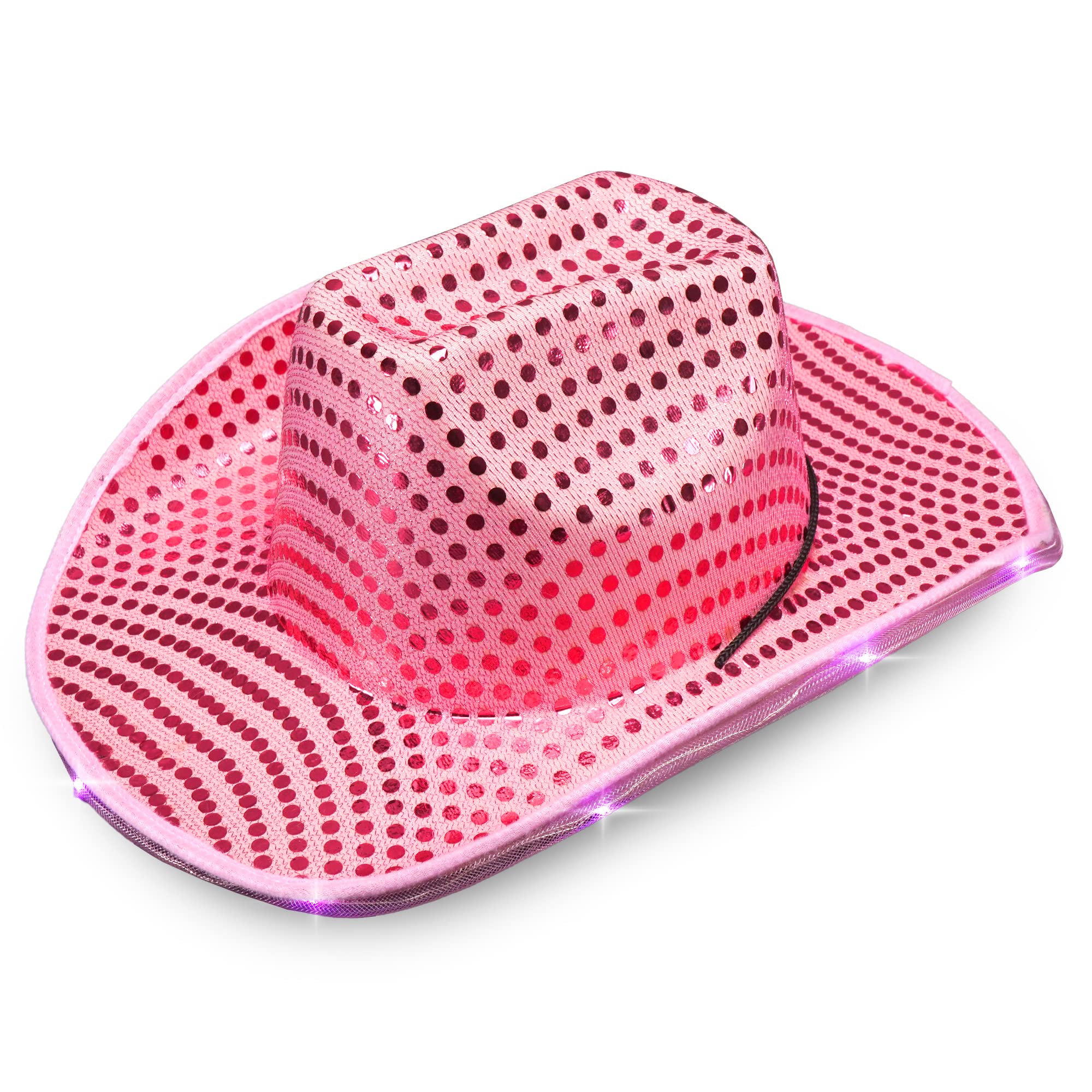 SoJourner Bags Pink Light Up Cowboy Hat - LED Cowboy Hat for Bachelorette Parties, Halloween and More - Neon Cowboy Hat Light Up with our LED Sequins on all Light Up Cowgirl Hats
