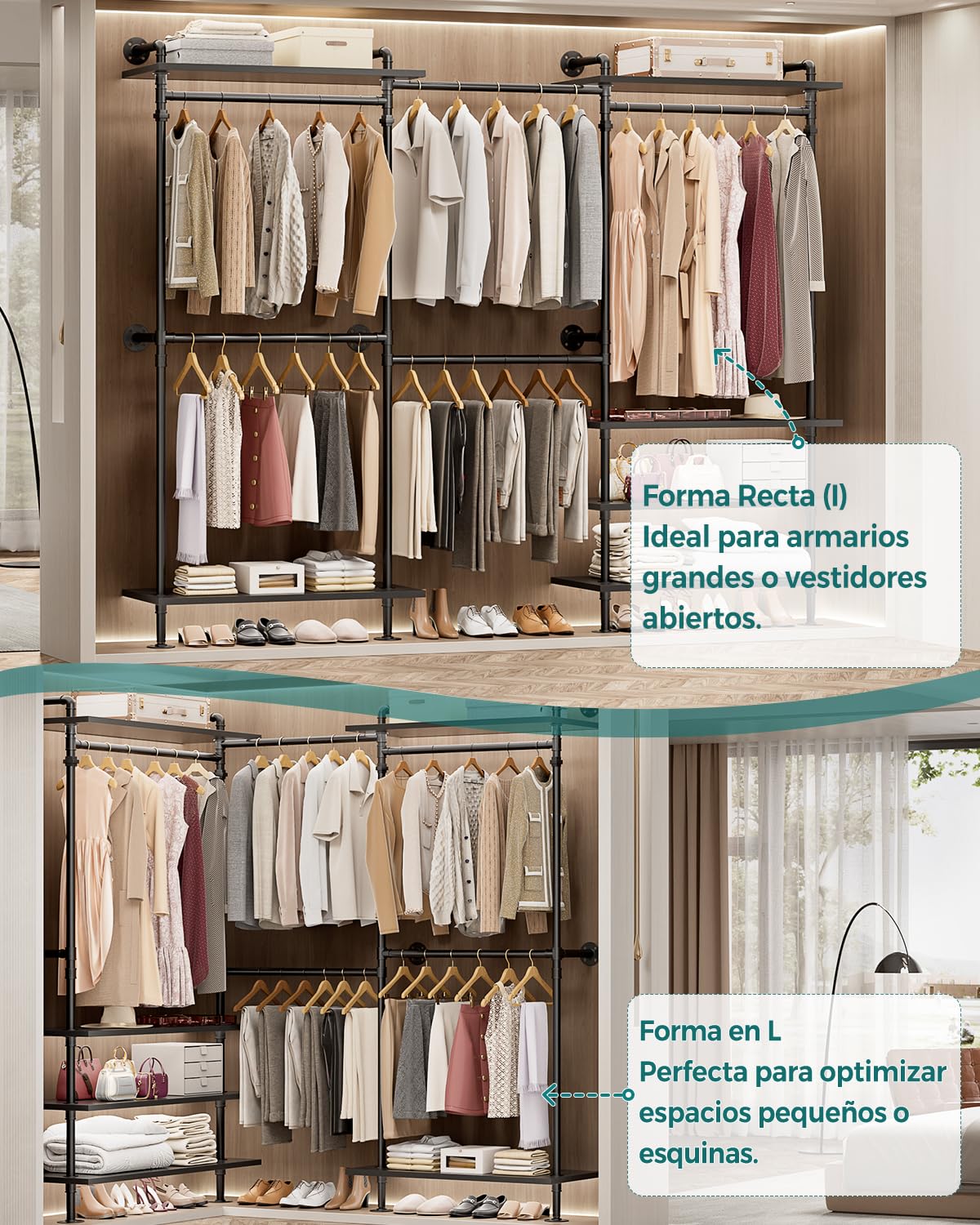 iSunirm Barra industrial para colgar ropa, montaje en pared, sistema de armario abierto, barra telescópica con estantes de madera, resistente de metal para vestidor, color negro