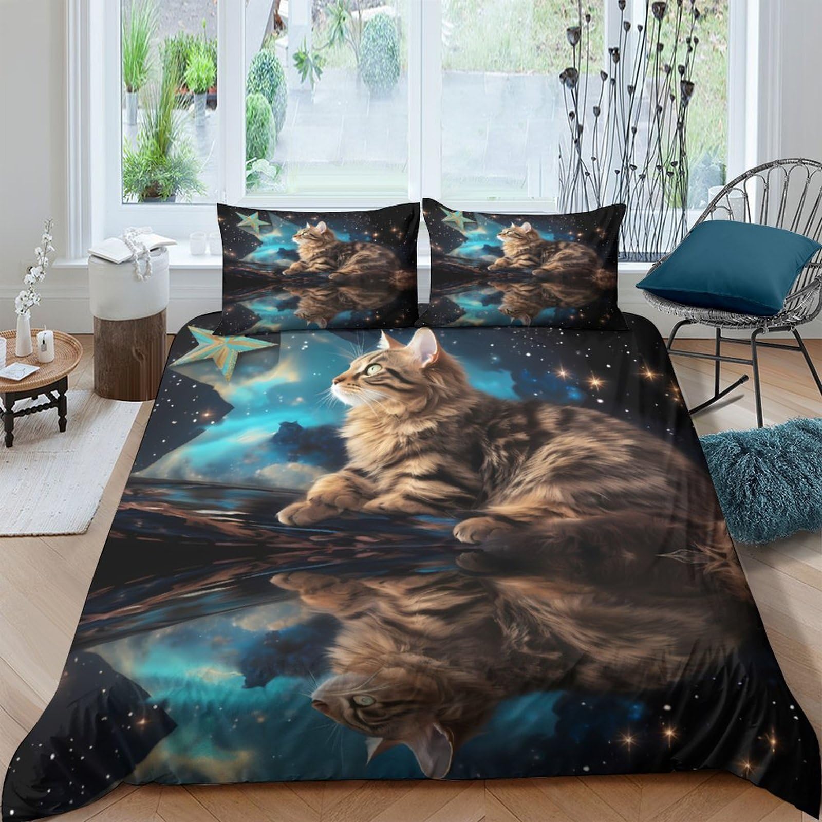 Ctjqhvkz Style-2 3D Printed Cat Starry Sky Fitted Sheet Microfiber Soft Bed Cover For Bedroom Dorm Mattress Protection Decor Single（135X200cm）