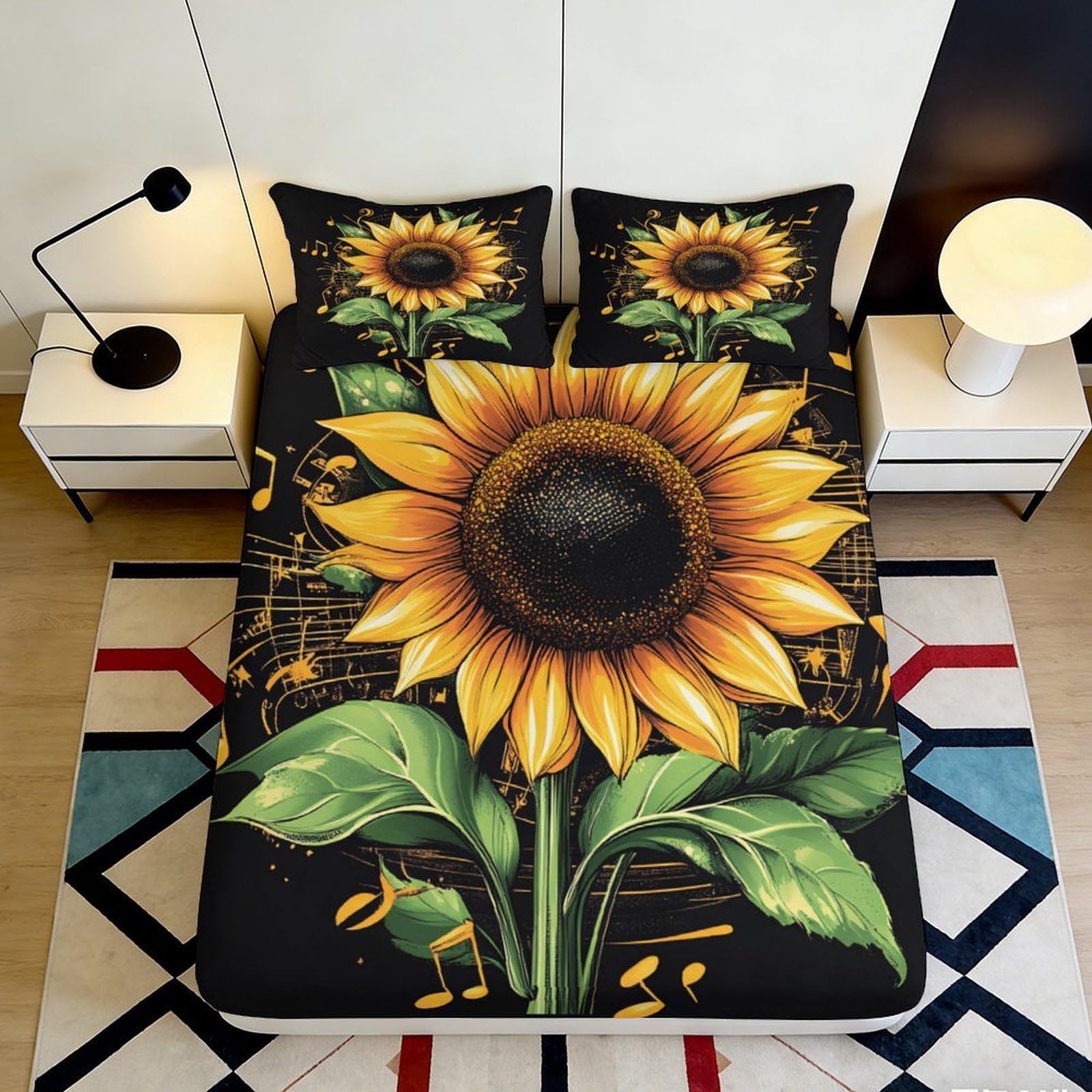 3D Printed Sunflower Pattern Fitted Sheet Microfiber Non-Slip Deep Pocket Sunflower Mattress Fitted Cover for Bedroom 90x200x25cm