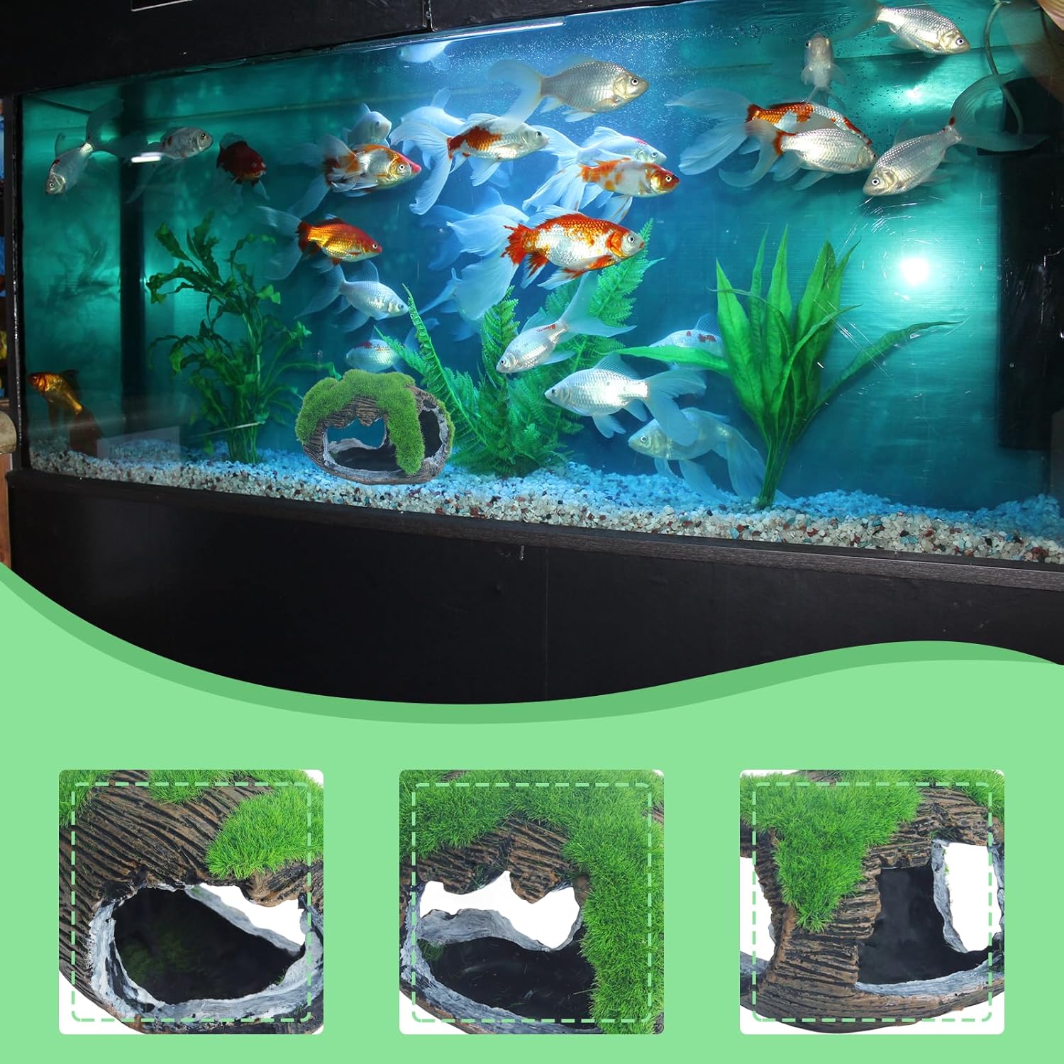 Condition photo showing Brand New for ruian broken barrel fish hide cave - resin aquarium ornament decor with holes for betta, shrimp, cichlids to hide, play and breed - green fish tank accessories decorations
