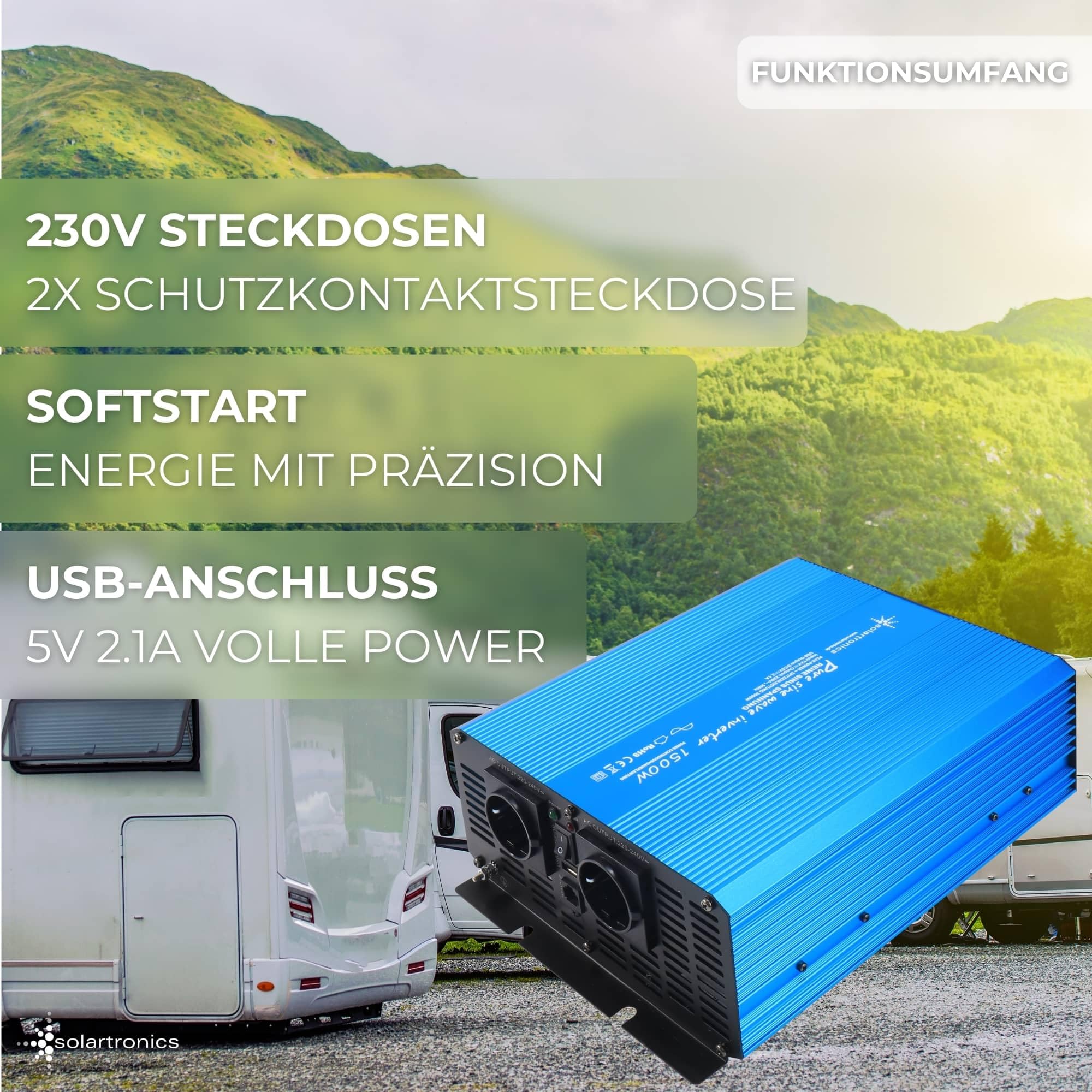 SOLARTRONICS TS 1500W Spannungswandler 12V 230V Reiner Sinus Wechselrichter 230v auf 12v Power Inverter + Display Einbau Fernbedienung USB C+A Wohnmobil