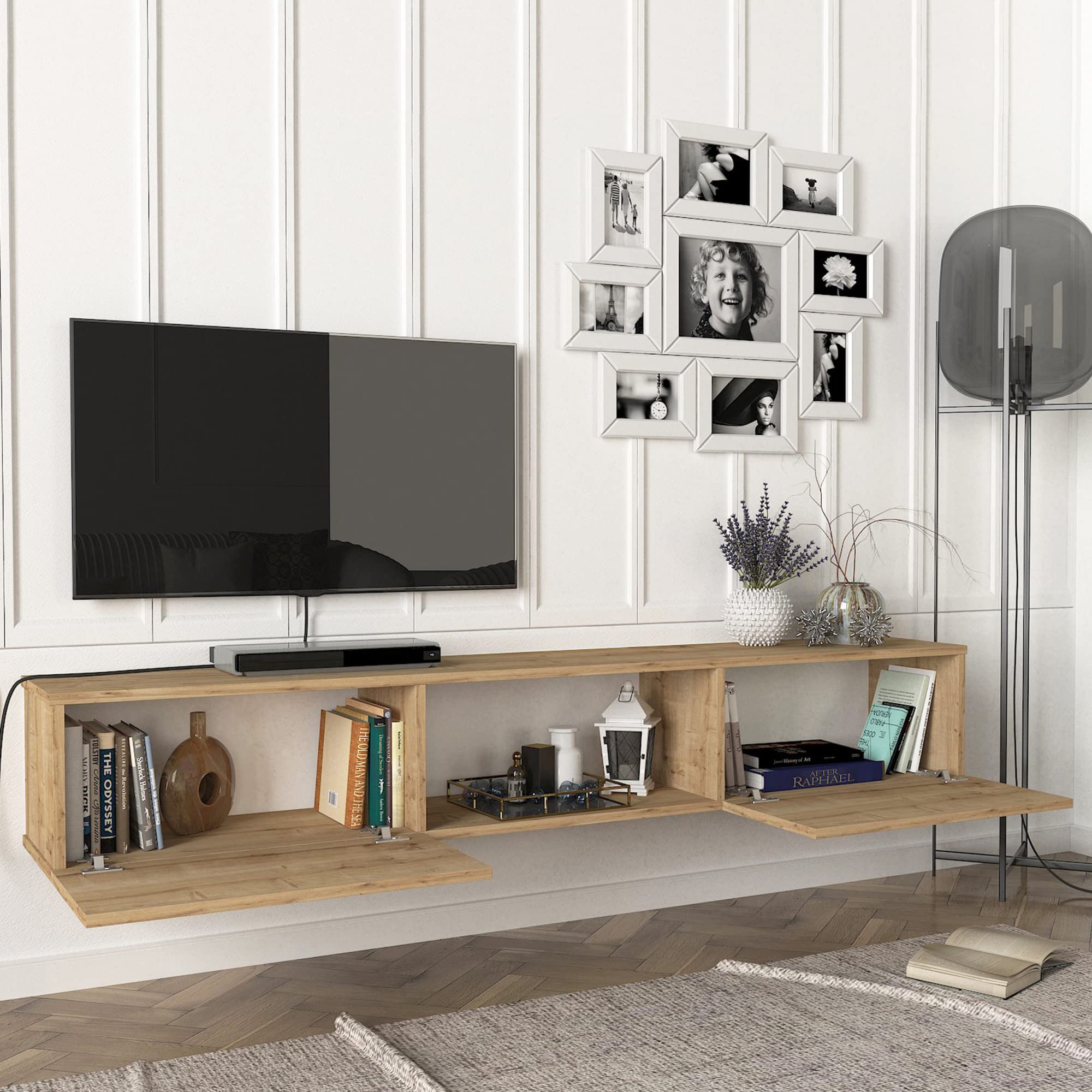 [en.casa] Mobile TV da Parete 180 x 31 x 29,5 cm Mensola Porta TV con 3 Scomparti 2 Vani con Ante a Ribalta Armadietto Pensile da Soggiorno Camera da Letto - Effetto Rovere
