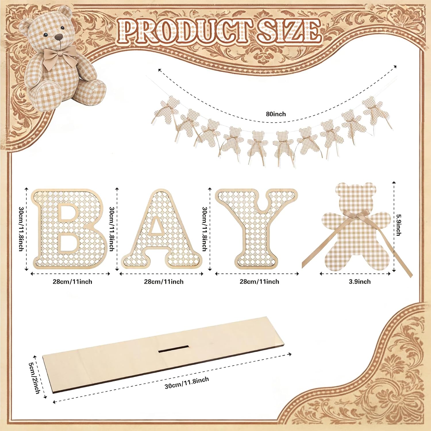 4PCS Wooden Baby Letters Set for Boho Baby Shower Decorations - Rattan Letter Sign with Bear Garland Banner for Nursery Decor, Gender Reveal Party, Teddy Bear Baby Shower Table Decoration Centerpiece