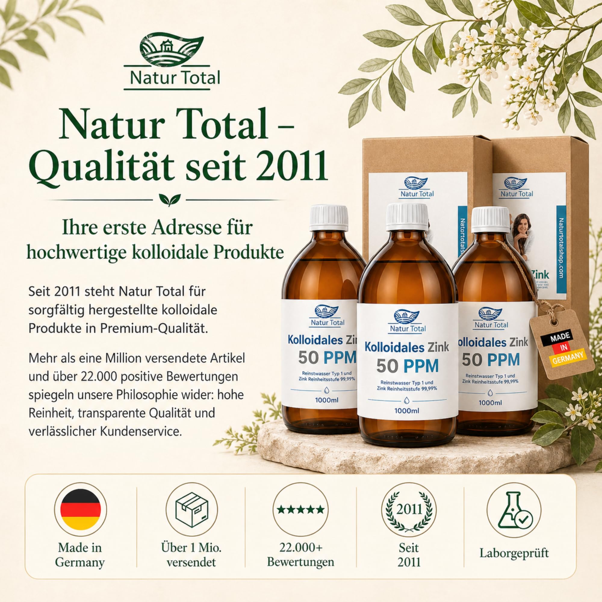 Natur Total Kolloidales Zink 50 PPM 3x1000ml XXL-Profi-Set | 3 Apotheker-Braunglasflaschen | Reinstwasser Typ 1 | 99,99% Zink | Für Pferdehöfe, Praxen & Vielnutzer | Made in Germany seit 2011
