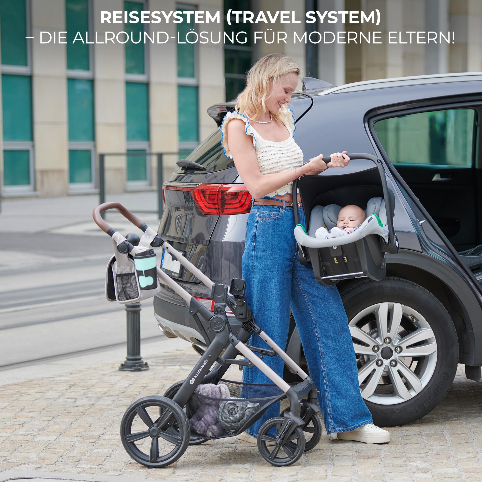 Kinderkraft MOOV2 AIR Kinderwagen 3 in 1 Set bis 22 kg I-SIZE 40-75 cm, Buggy, Liegeposition, Verdeck, Aufblasbare Räder, Grau