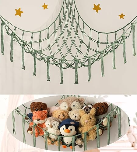 mirolam Stuffed Animal Hammock-Large Stuffed Animal Net For ToysCorner-Hanging Stuff Animal Toy Storage Organizer For Plush PlushieDisplay Yellow Girl Room Bedroom Boho Nursery Decor Toy Storage - Standard(41.5"L x 55.2"W x 41.5"H) - Olive Green