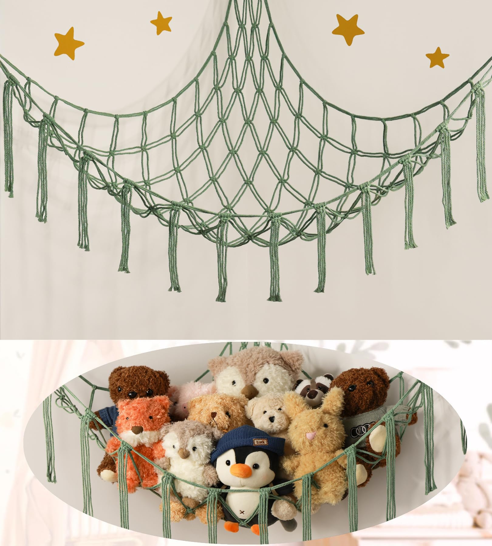 stuffed animal hammock-large stuffed animal net for toys corner-hanging stuff animal toy storage organizer for plush plushie display yellow girl room bedroom boho nursery decor toy storage
