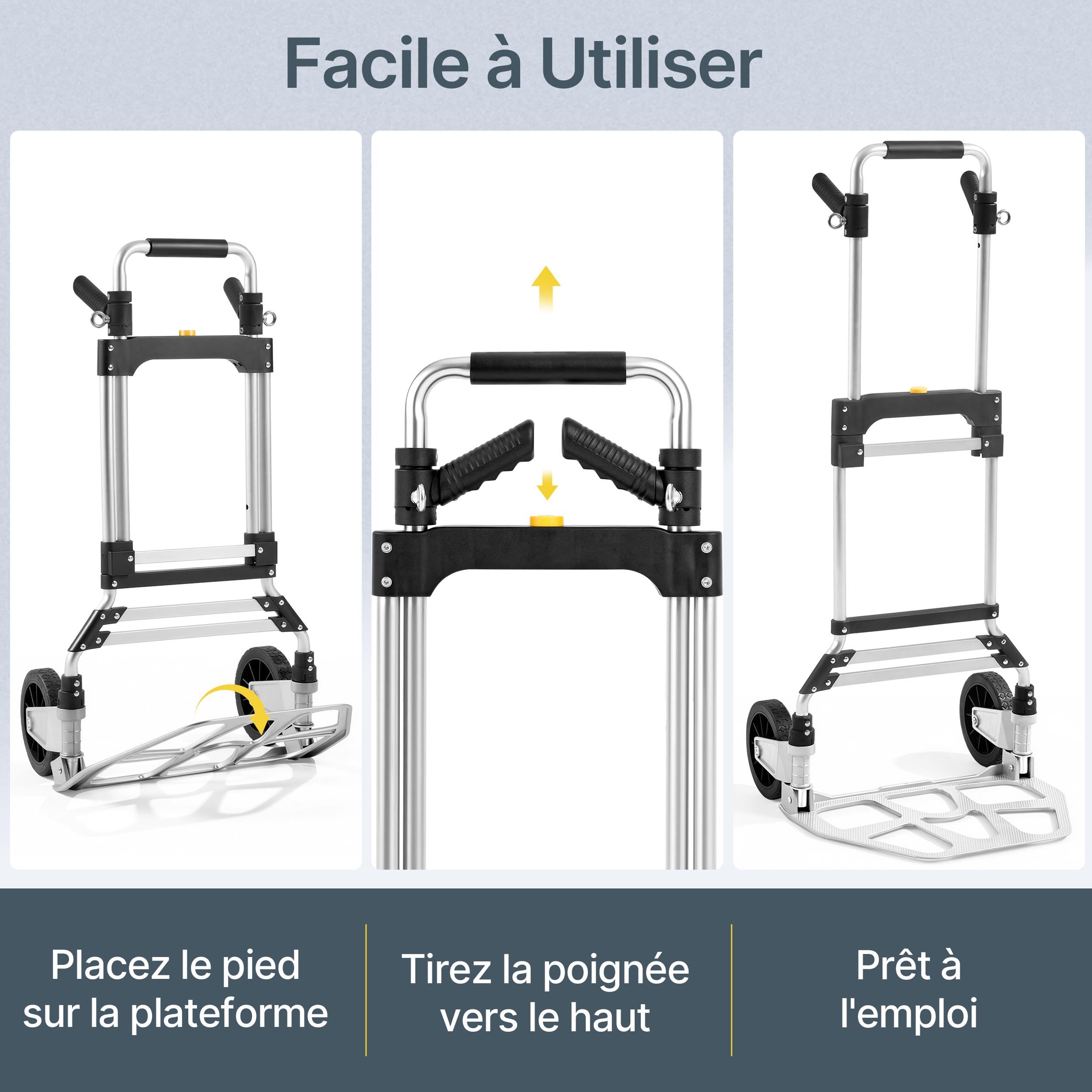 Yaheetech Diable Pliable Capacité 150 kg, Chariot de Transport Pliant en Aluminium, Poignée Télescopique 88-115 cm, Léger et Robuste avec Bandes Élastiques, pour Déménagement, Achats