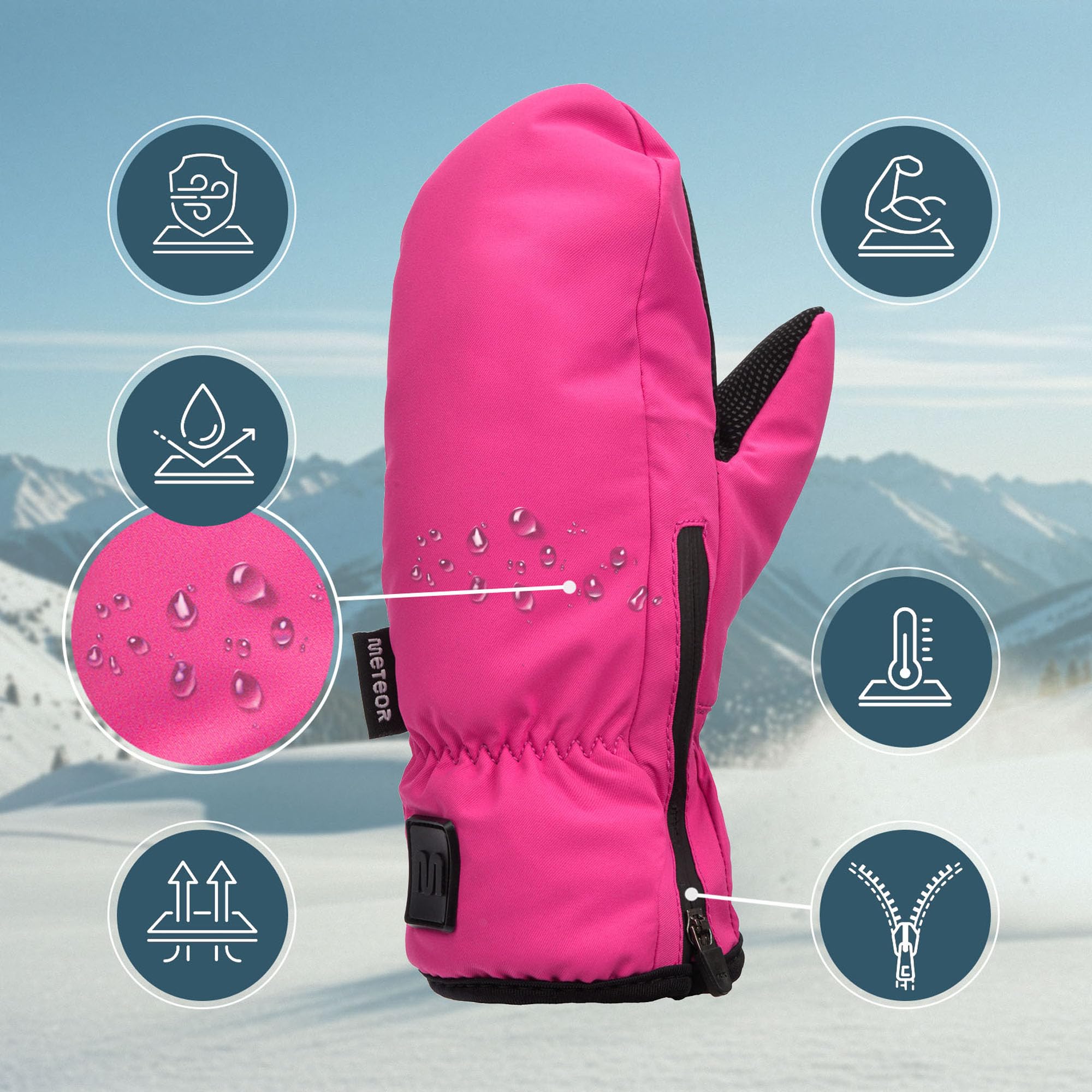 meteor Gants de Ski Enfant Fille Juna, Gants Hiver imperméables Rose Noir, Chauds et Confortables, Tailles XXS XS S