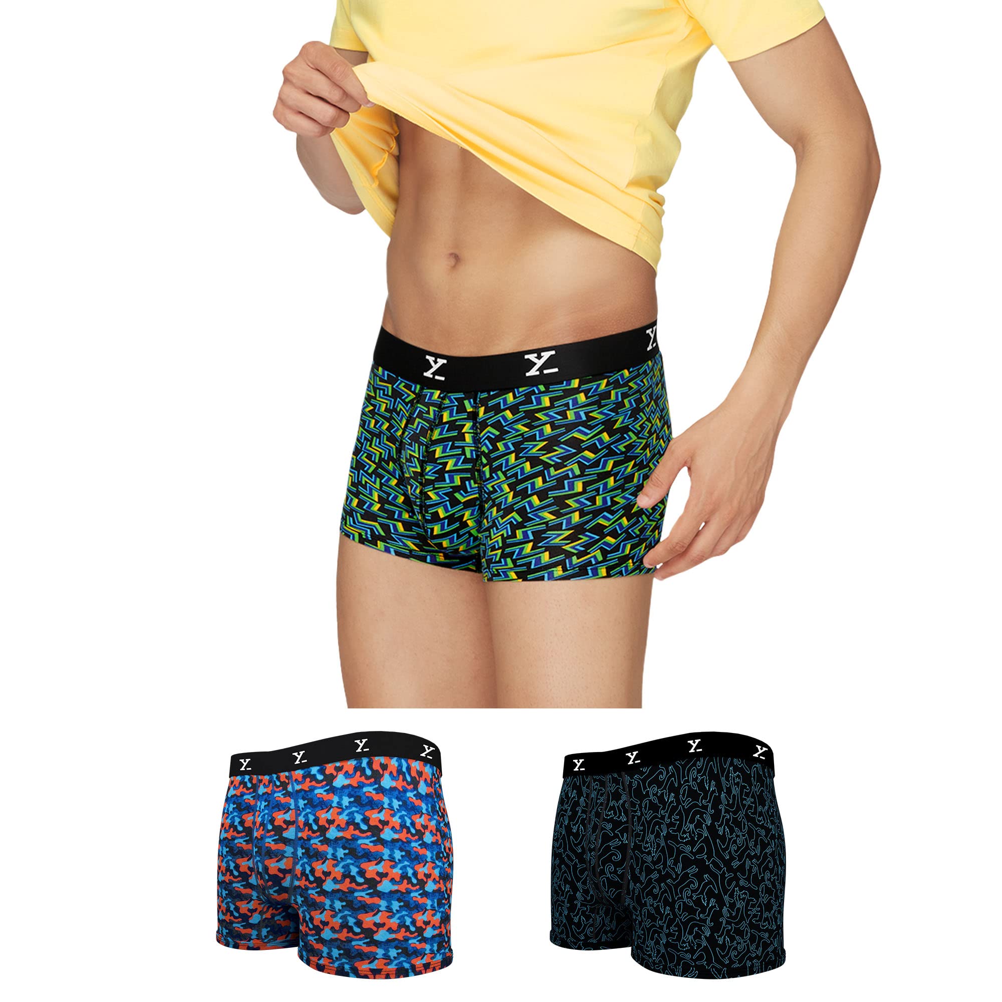 XYXXMen's Modal Modern Stretch Trunks (Pack of 3) (XYTRNK_R5_03_Camo Blue & Orange+Lightning Bolt+Yoga Pet_L)