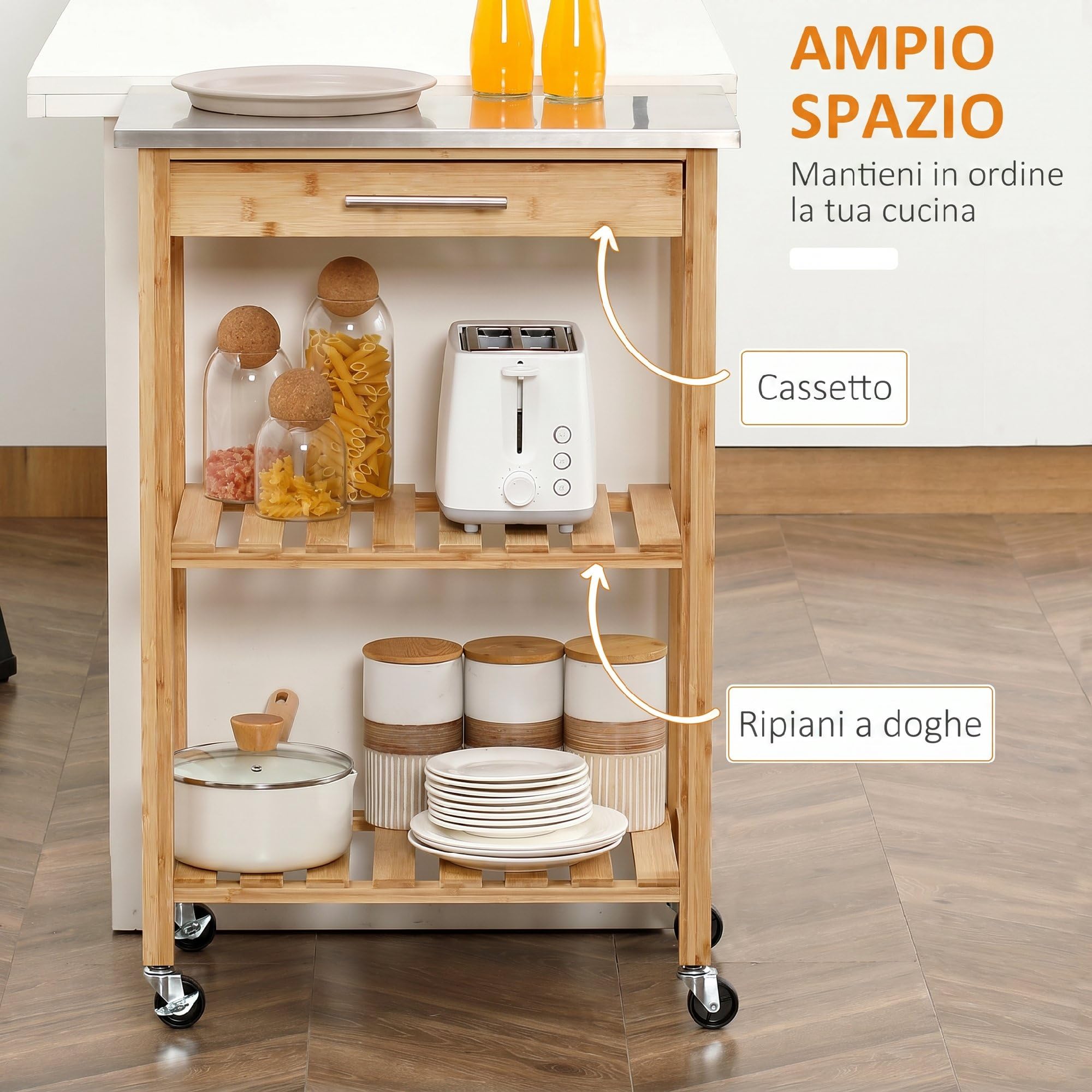 HOMCOM Carrito de cocina de bambú, carro de cocina ahorra espacio con tablero de acero inoxidable, cajón y estantes de láminas, carro frutero y verduras, para salón salón salón natural