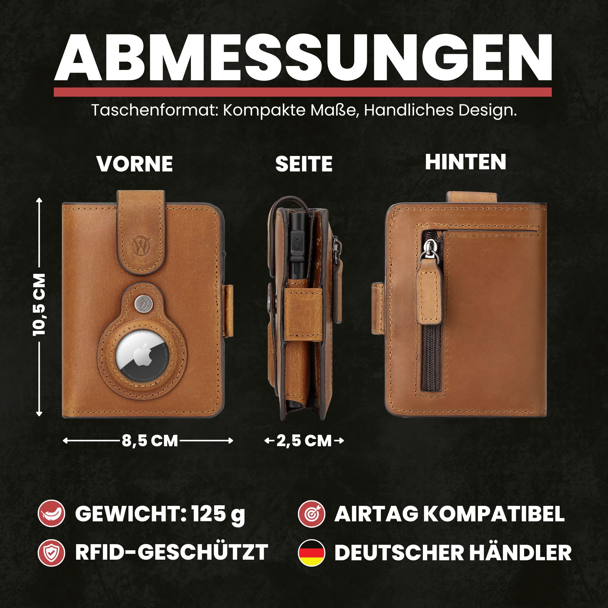 Will Fire® Smart Wallet Herren mit Airtag-Fach & Photokapsel | Inkl. Anhänger | Echtleder Airtag (1. & 2. Gen) Wallet mit Münzfach & Scheinfach | RFID Schutz | Bis zu 12 Karten | [Cognac]