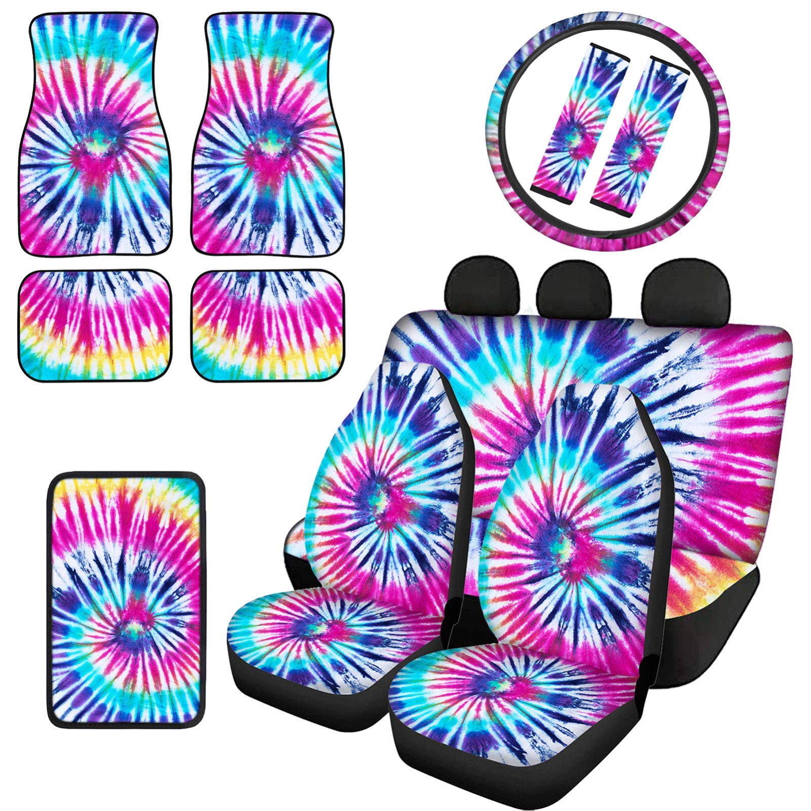 chaqlin Tie Dye akcesoria do wnętrz samochodu prezenty damskie, nadruk krawatowy pokrowce na siedzenia samochodowe rozdzielony ochraniacz na ławkę uniwersalny pokrowiec na kierownicę, poduszki na pas bezpieczeństwa, słonecznik samochodowe maty podłogowe z
