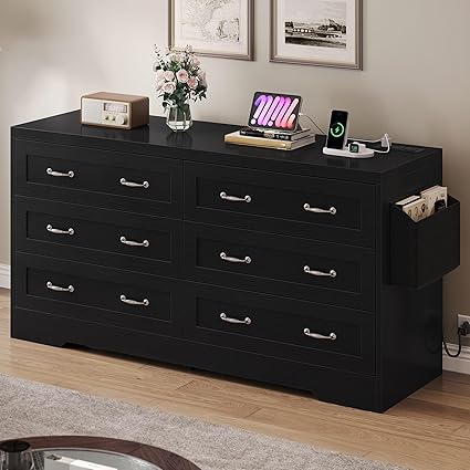 GOOBED Farmhouse 6 Drawer Dresser for Bedroom, TV Stand with Large Drawers & Bar Handles, Storage with Power Outlets, Rustic Wood Chest of Drawers, Black