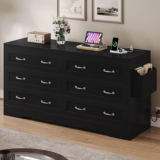 GOOBED Farmhouse 6 Drawer Dresser for Bedroom, TV Stand with Large Drawers & Bar Handles, Storage with Power Outlets, Rustic Wood Chest of Drawers, Black