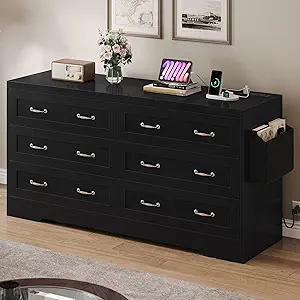 GOOBED Farmhouse 6 Drawer Dresser for Bedroom, TV Stand with Large Drawers & Bar Handles, Storage with Power Outlets, Rustic Wood Chest of Drawers, Black