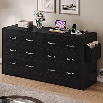 GOOBED Farmhouse 6 Drawer Dresser for Bedroom, TV Stand with Large Drawers & Bar Handles, Storage with Power Outlets, Rustic Wood Chest of Drawers, Black