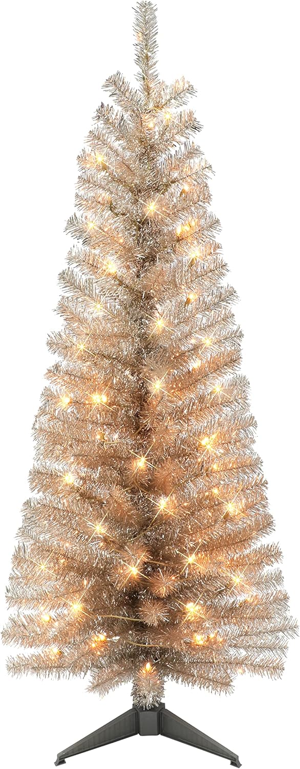 4.5 ft Pre-lit Silver Tinsel Tree, 160 Tips, 70 UL Clear Incandescent Lights