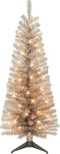 Árbol de oropel de oro rosa preiluminado de 4.5 pies, 160 puntas, 70 luces incandescentes transparentes UL