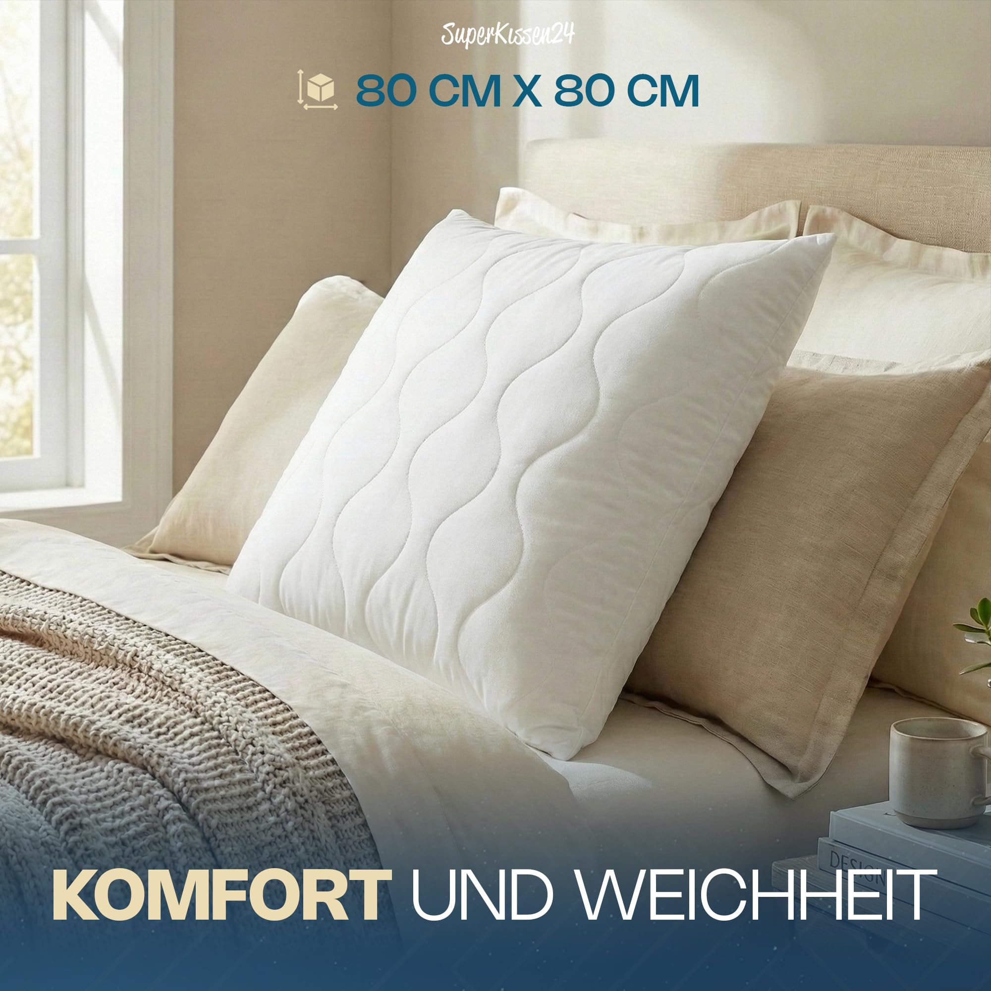 SuperKissen24. 2er Set Kopfkissen aus Mikrofaser 80x80 cm mit Polyester Kissenfüllung - waschbares Innenkissen geeignet für Allergiker - Couchkissen, Sofakissen, Dekokissen - Good Sleep Weiß