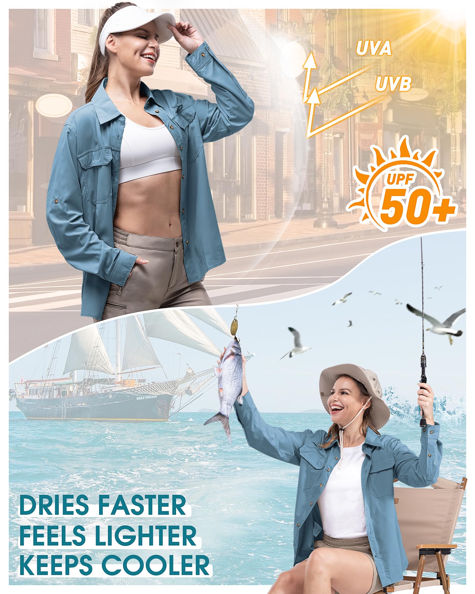 33,000ft Chemise pour femme - Protection UV UPF50+ - Séchage rapide - Manches longues - Pour la pêche, le safari, les voyages, le golf
