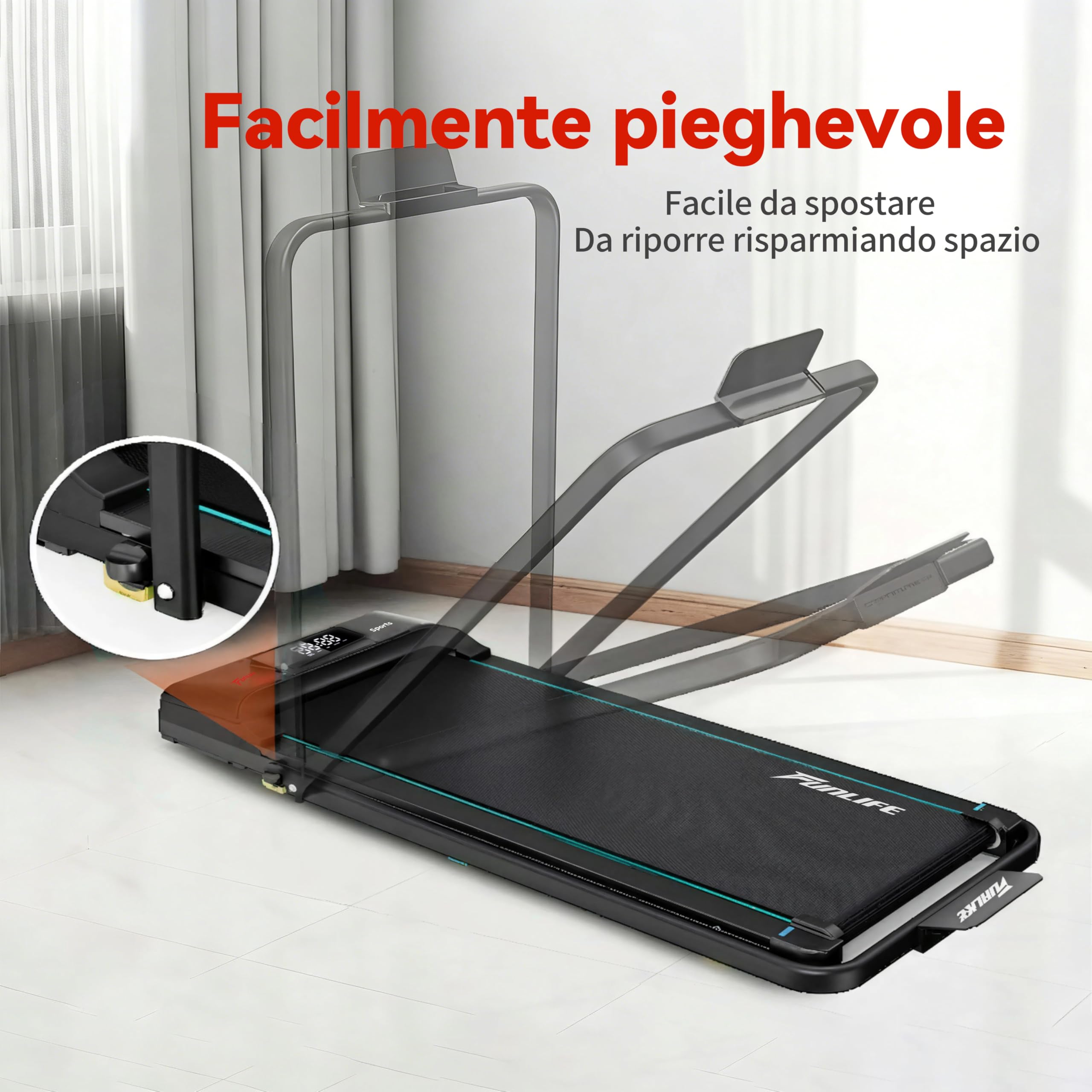 FunLife F1 - Tapis roulant pieghevole 3 in 1 con maniglia, silenziosa e piatta, fino a 120 kg, per scrivania e ufficio, per anziani e riabilitazione