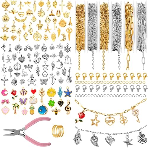 Zefy 18K Gold Silver Chain for Jewelry Making, 19.7ft 6 Rolls Stainless Steel Chains Bulk with 348 Pcs Charms, Jump Rings Lobster Clasps Set for DIY Bracelet Necklace Crafts