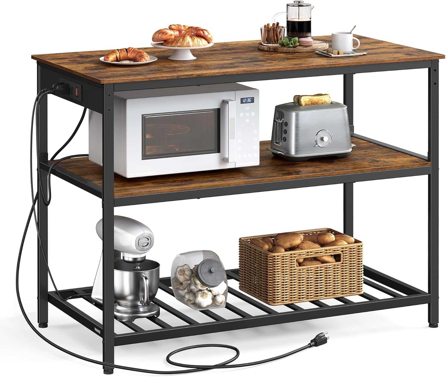 VASAGLE Kitchen Island with 3 Shelves, 47.2 Inches Width Kitchen Shelf with Power Strip, Large Worktop, Stable Steel Structure, Industrial, Easy to Assemble, Rustic Brown and Black UKKI101K01 VASAGLE Kitchen Island with 3 Shelves, 47.2 Inches Width Kitchen Shelf with Power Strip, Large Worktop, Stable Steel Structure, Industrial, Easy to Assemble, Rustic Brown and Black UKKI101K01