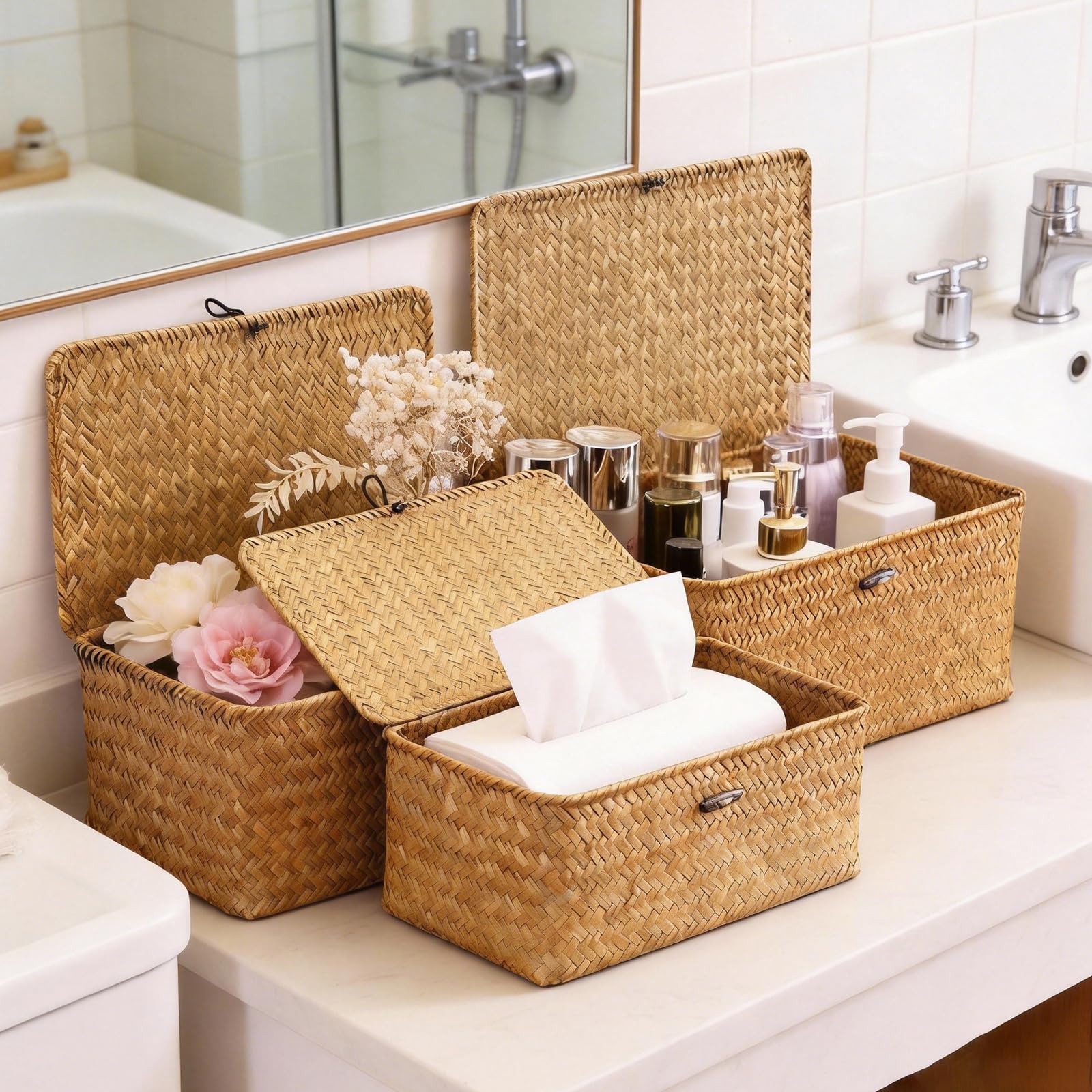 Set di 3 cesti di conservazione Lid, in erba marina naturale, con coperchio, in tessuto a mano, decorazione boho, soluzione regalo pronta per camera da letto, soggiorno e ufficio (A)