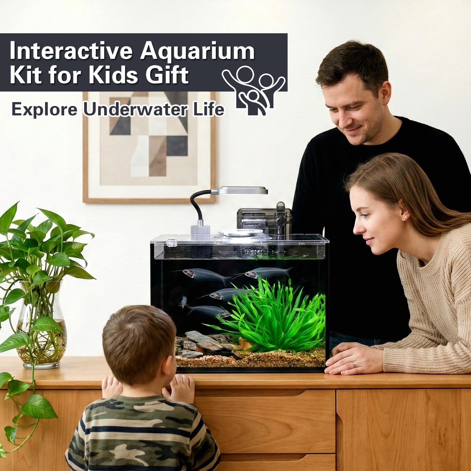 Aquarium de bureau sans bord ultra-transparent (noir, 7,7 litres (kit complet)