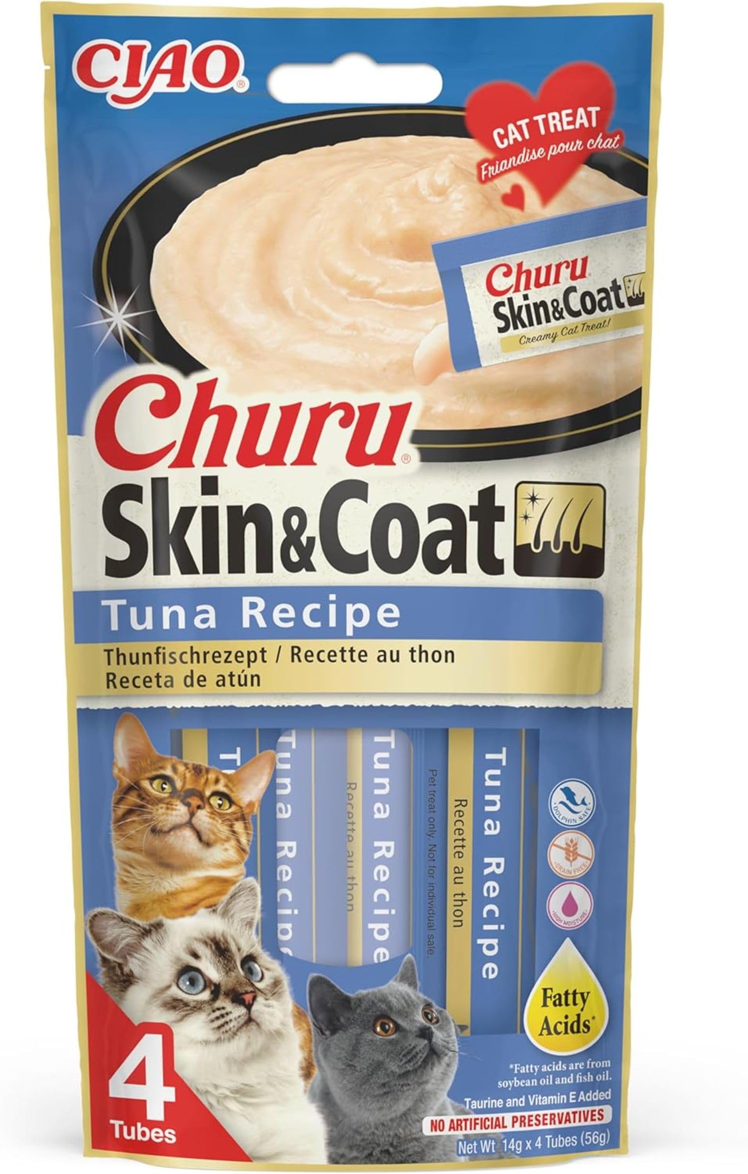 Churu Skin & Coat di INABA Cat Treat – Tonno – 1 confezione (4 x 14 g totali) / Soft & Creamy Cat Treat, delizioso & Healthy Snack, Purée Food Topper, naturale, senza cereali