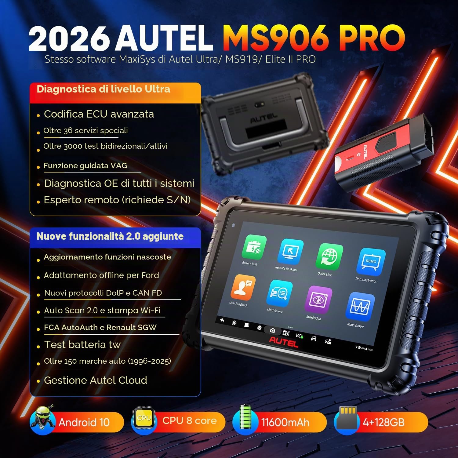 Autel 2026 MaxiSYS MS906 PRO 2.0 Diagnosi Auto, Scanner OBD2 MS906PRO Aggiorn di MP900BT MS906BT MS908, Codifica ECU, Bidirezionale & 3000+ Test, 36+ Servizi, CAN FD DoIP, Guida VAG, AutoScan2.0, OS10 | Bidirezionali, Guida VAG, OS 10.0, 2026 MS906PRO Com