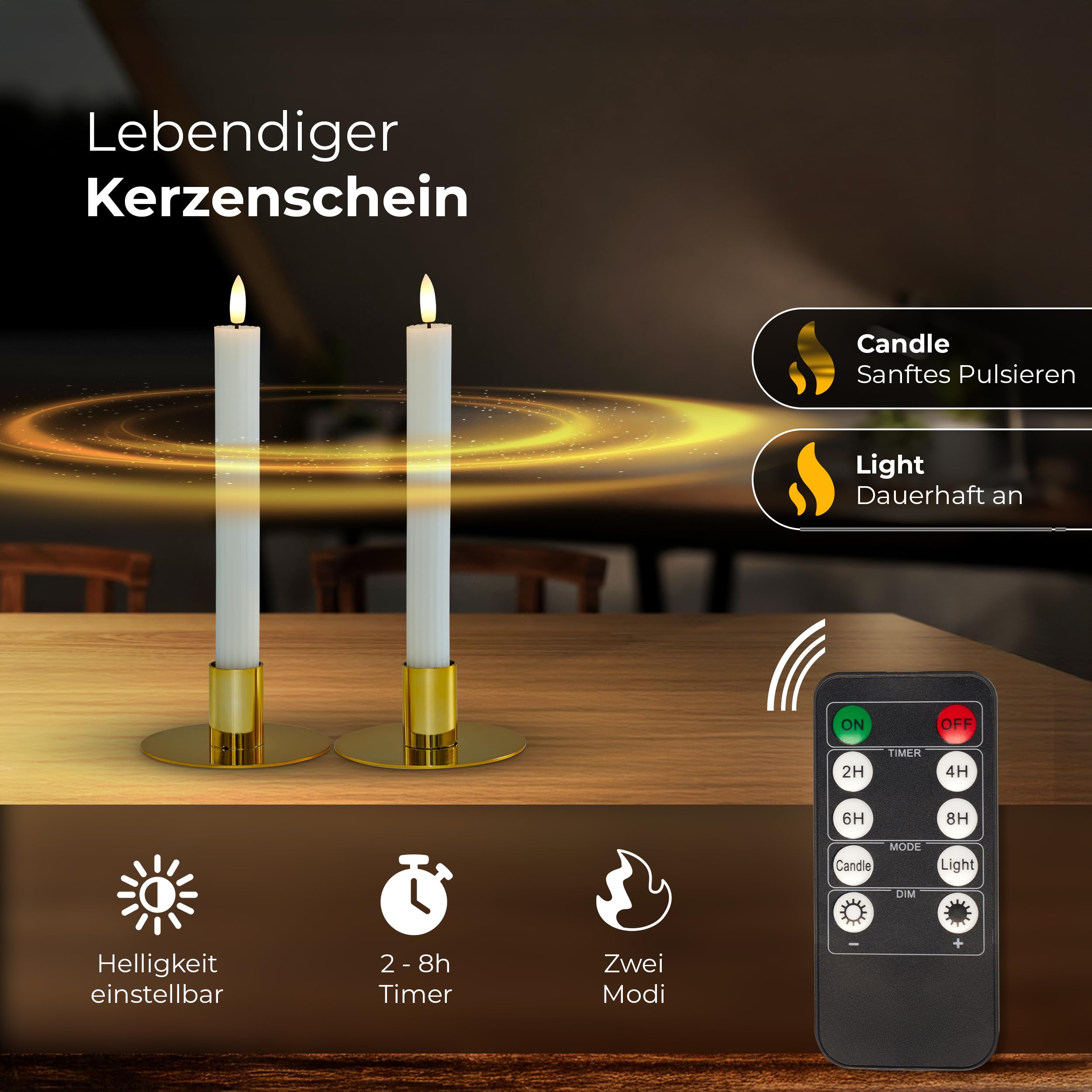 Świece prętowe LED z timerem, białe, 6 sztuk do użytku wewnątrz – 6 godzin – prawdziwy wosk, żebrowane 23 cm, wysokość do świec 2,2 cm, średnica 2,2 cm, 2 baterie AAA, niezbędne świece LED, zestaw 2