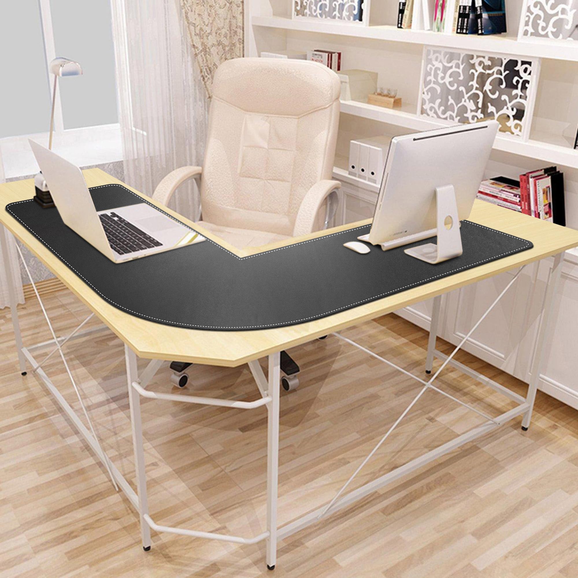 Mydours XXL L-förmige Schreibtischunterlage, 116,8 x 116,8 x 40,6 cm, extra große L-förmige Schreibtischunterlage mit glatter PU-Leder-Oberfläche und Wildleder-Basis, L-förmiges Mauspad für Heimbüro