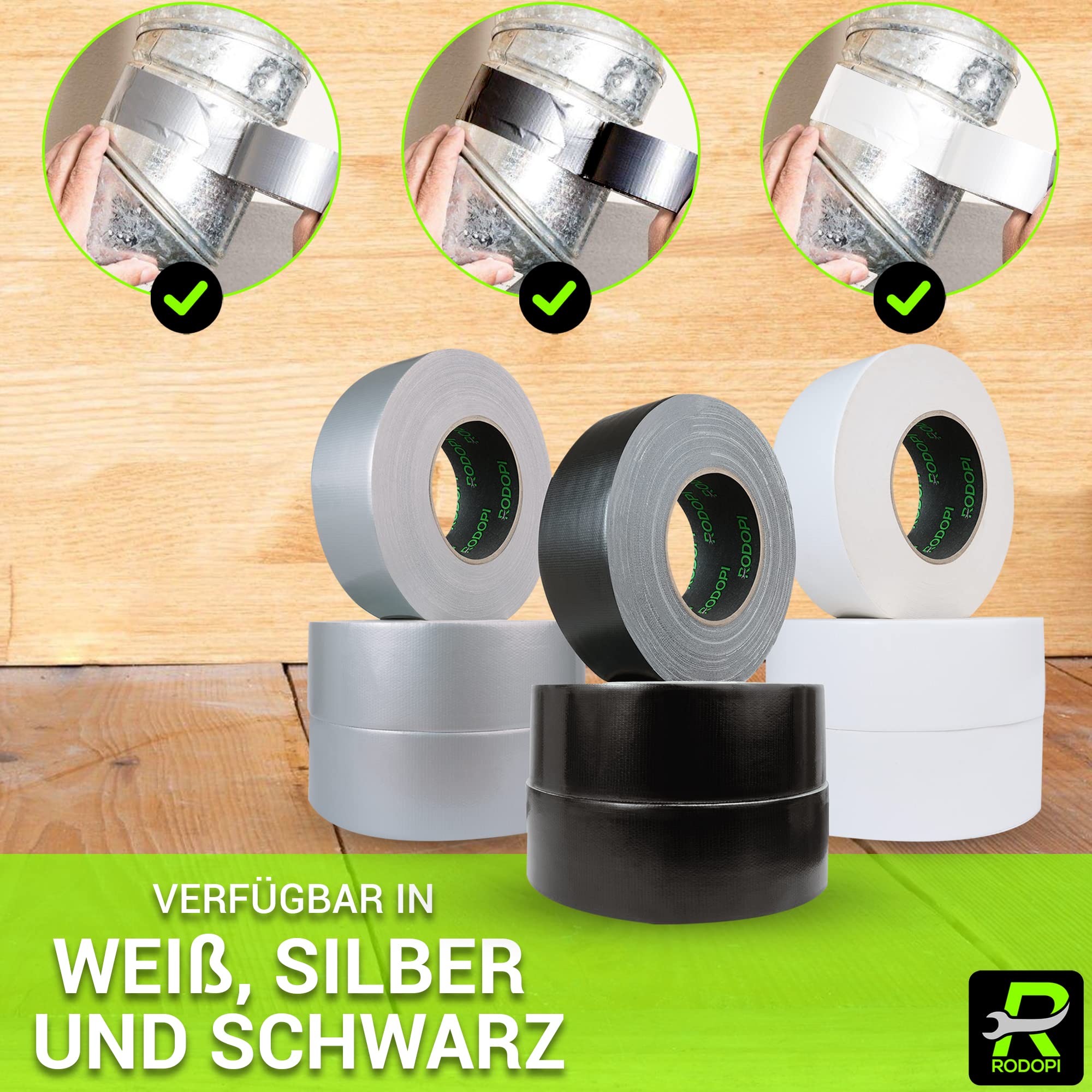 RODOPI Panzertape RaceTape 50mm x 50m Industrie Gewebeband Silber Schwarz Weiß Panzerband extra stark Gewebeklebeband Stärke 0,30mm Gaffa Tape Duct Tape (Schwarz, 24 Rollen)