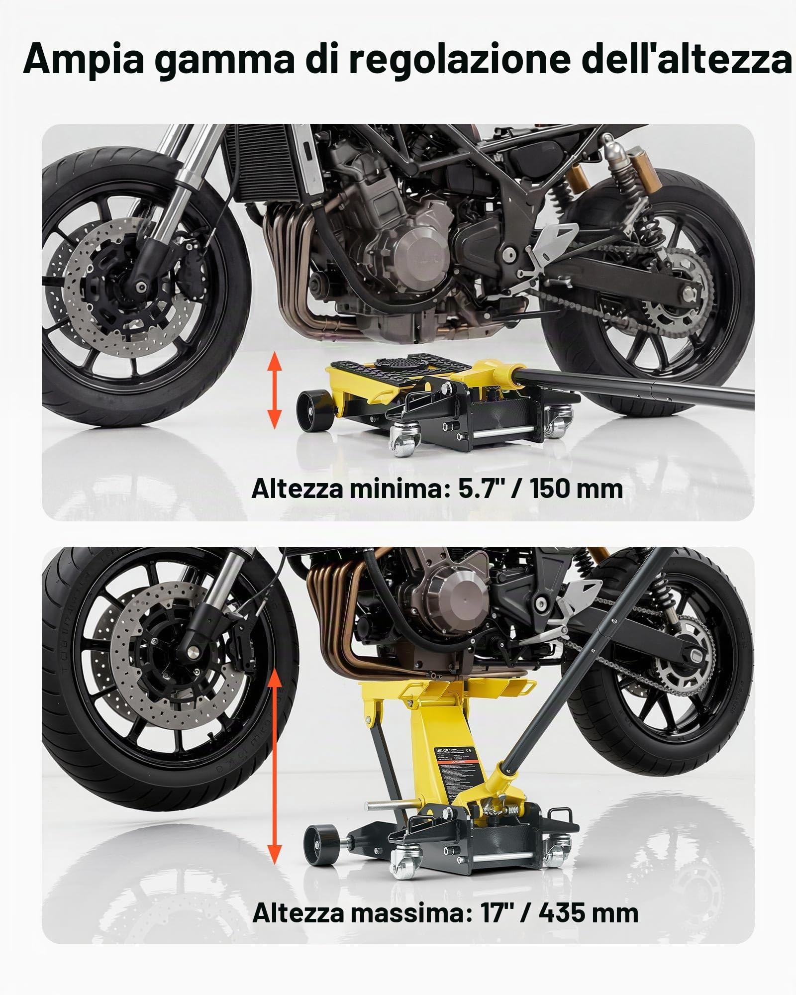 VEVOR Cric Idraulico a Carrello 2 Tonnellate in Acciaio, Cric Idraulico da Pavimento a Basso Profilo, a Pistone Singolo con Ruote, Altezza di Sollevamento 150-435 mm, Multiuso per Auto, Moto, Quad