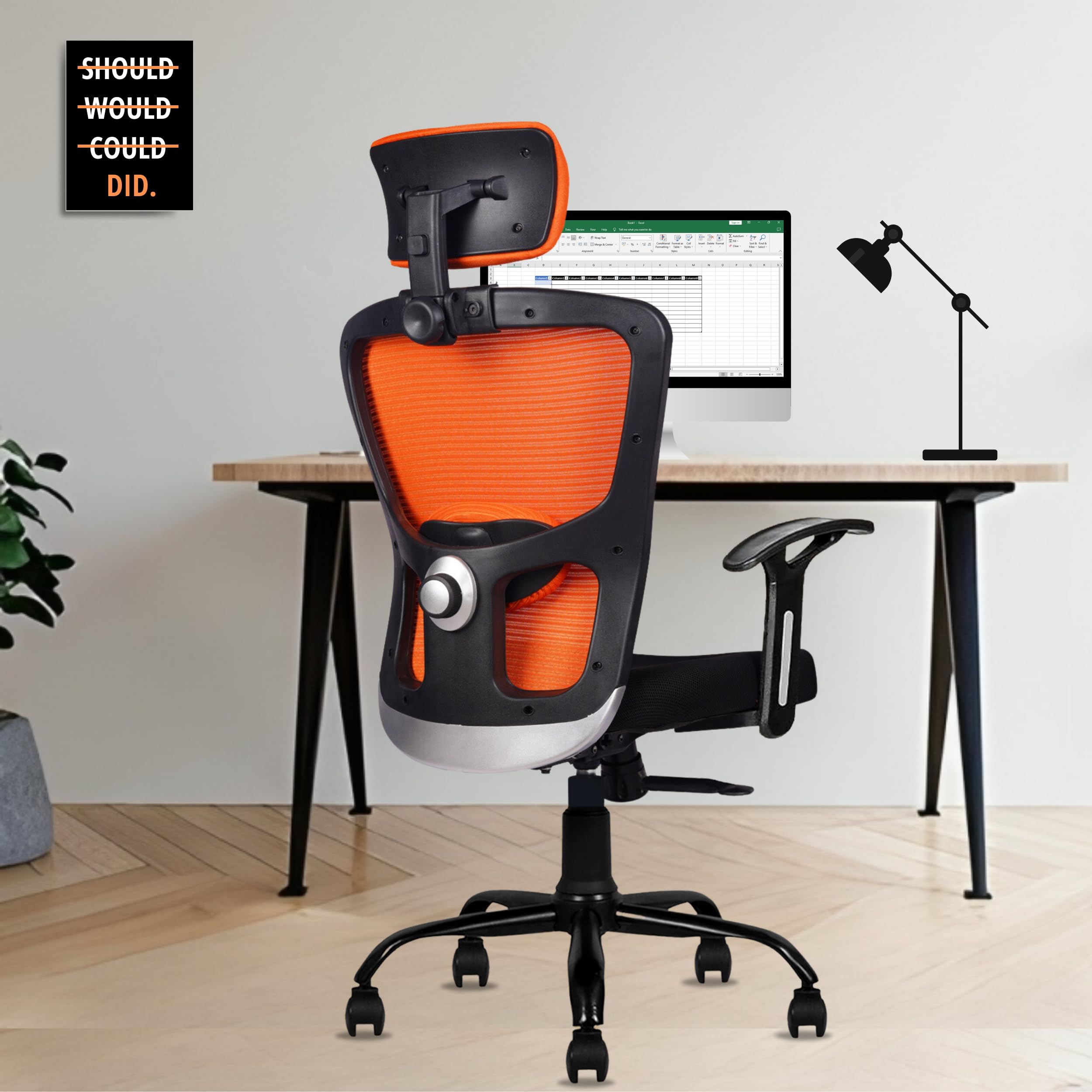 Amaze Ergonomically Adjustable Executive Mesh Home & Revolving Office Chair with 3 Years Warranty (Tilt Mechanism, Adjustable Head & Fixed Arm Rest, Metal Base) (Orange,High Back)