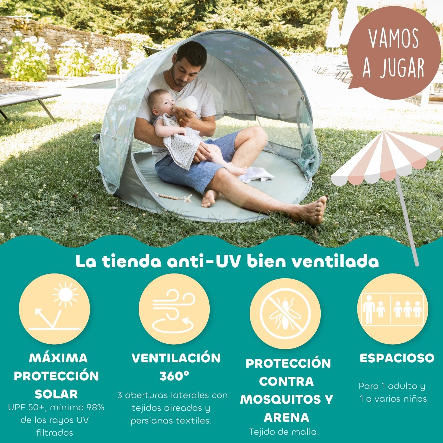 BÉABA, Tienda De Playa para Bebé, Tienda Anti UV Infantil, Protección Solar Máxima UPF50+, Filtrado UV, Ventilación 360°, Mosquitera, Espaciosa, Sistema Pop-Up, Bolsa De Transporte, Breezy, Caqui