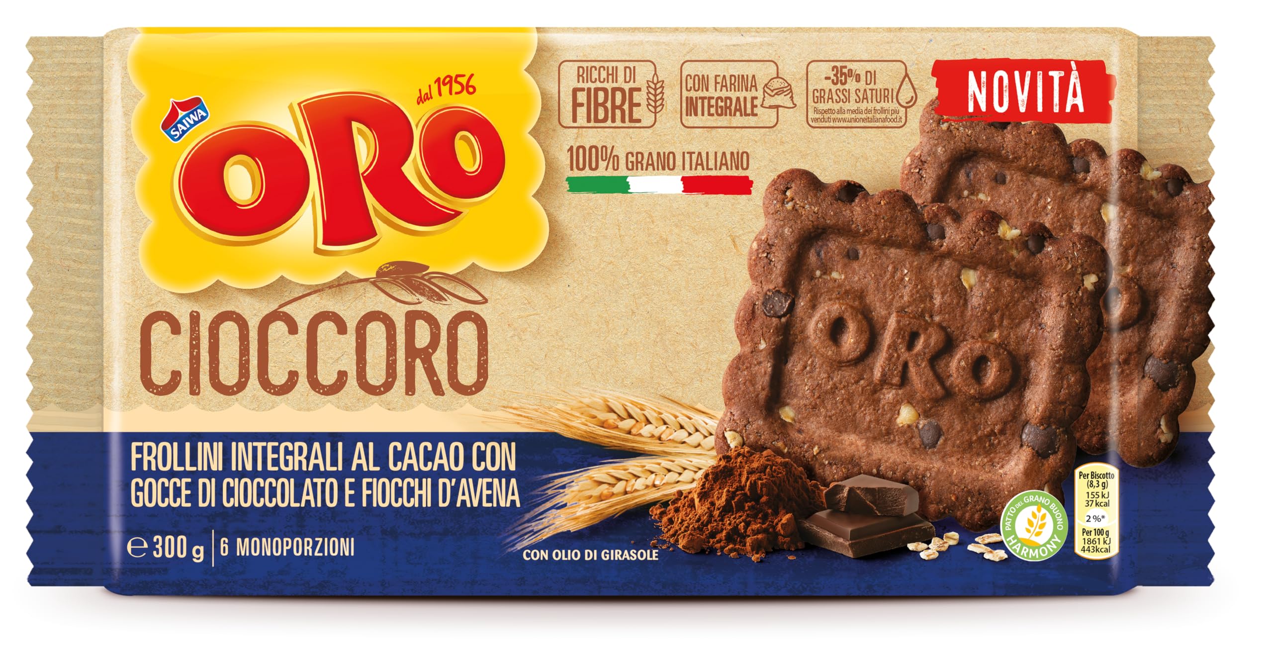Oro Saiwa Cioccoro, Frollini Integrali al Cacao con Gocce di Cioccolato e Fiocchi d'Avena, Fonte di Fibre, 100% Grano Italiano, 300g (6 monoporzioni da 50g)