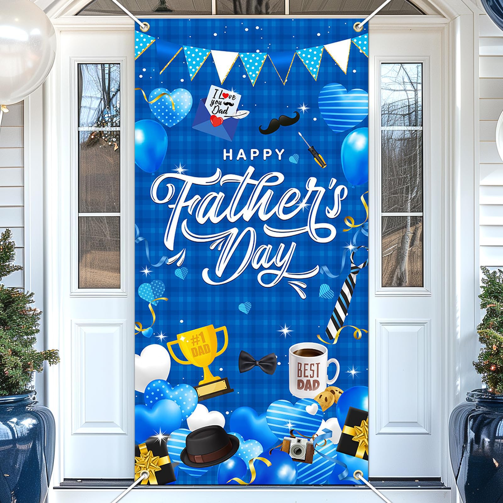 Happy Fathers Day Decorations Door Curtain Banner Ideal for Use On Front Doors, Porches, Windows And Indoor Displays Blue Theme for Family Gatherings, Photo Shoots And Father’S Day Parties