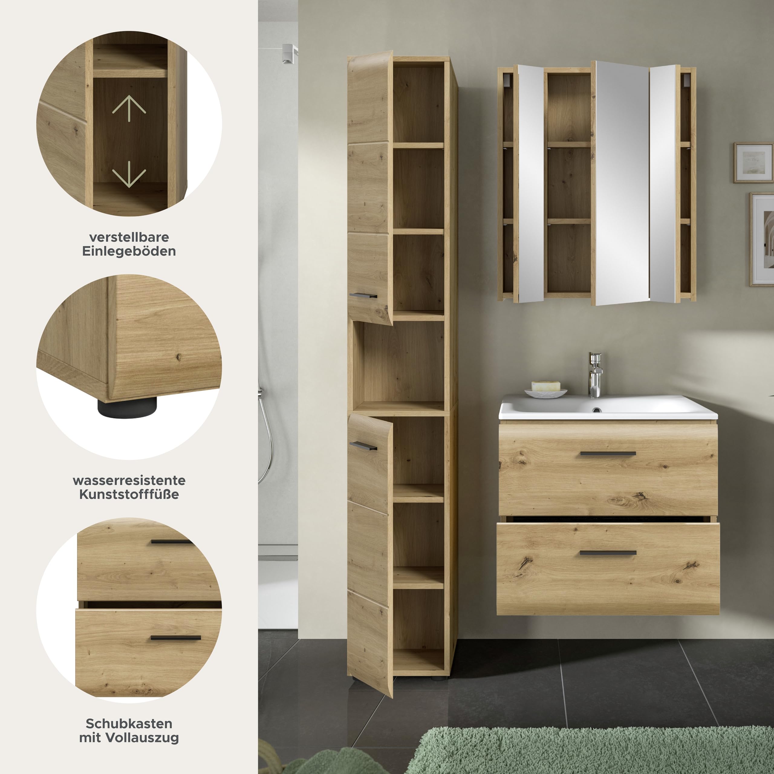 xonox.home – 3 TLG. Badmöbel-Set Ice 105x185x46 cm in Korpus und Front Artisan Oak Nachbildung – Zeitgemäße Kombination für Dein Bad – funktional – Bild 7