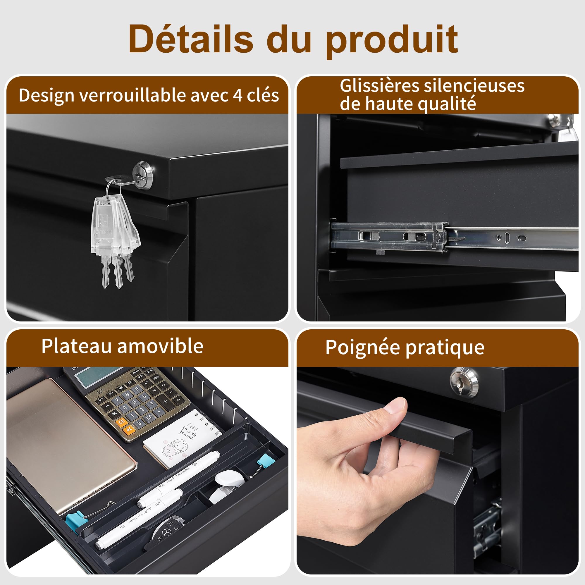 Caisson de Bureau Metal, Caisson de Rangement Mobile, Caisson à 4 Tiroirs, Meuble de Rangement Bureau, avec Serrure, 4 Clés, Prémonté, Noir