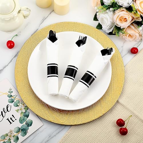 Vista 11 de Mifoci Juego de 200 cubiertos de plástico dorado preenrollados, juego de cubiertos desechables envueltos con 200 servilletas, 200 tenedores, 200