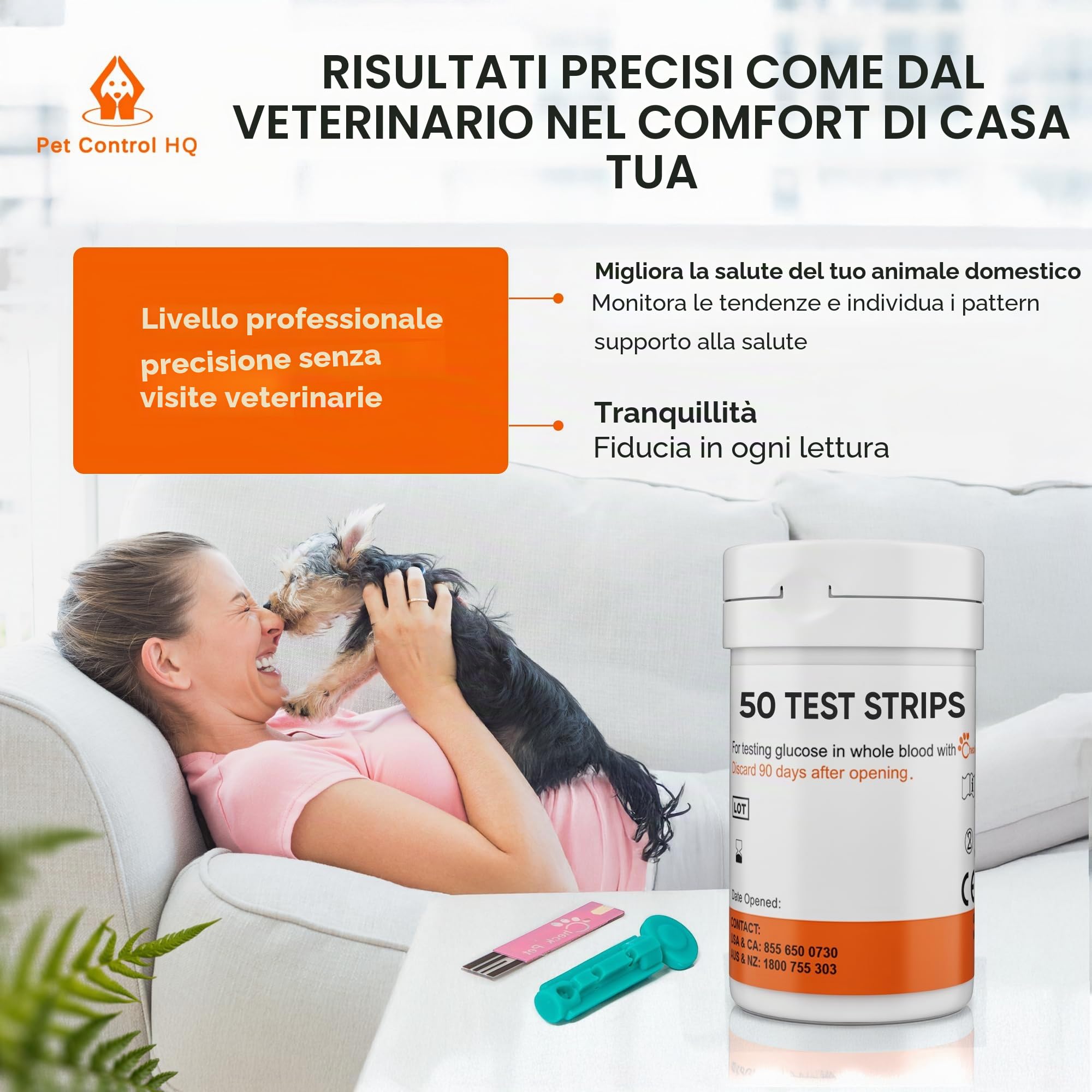 Pet Control HQ Strisce reattive per glicemia extra – calibrate per cani e gatti – test per diabete accurati in laboratorio con 2 chip di codice calibrati, 50 strisce reattive diabetiche, lancette